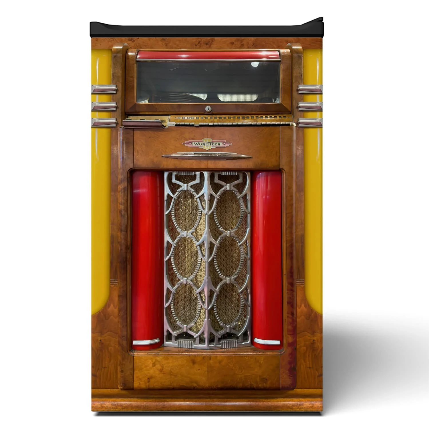 front of a 3d mockup of a solid door mini fridge, covered in our custom-printed Wurlitzer jukebox vinyl wrap.