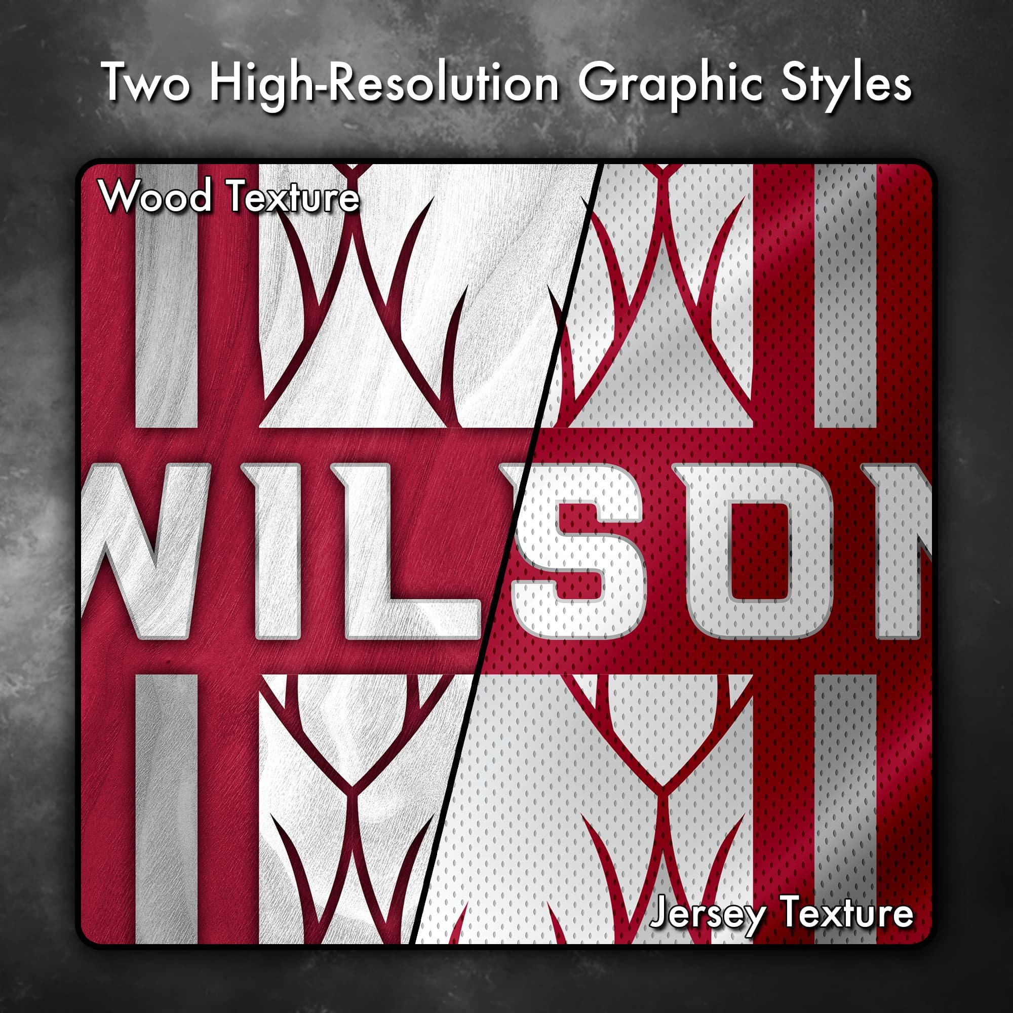 Close up image showing the wood grain and jersey texture options of this cornhole board vinyl wrap decal set