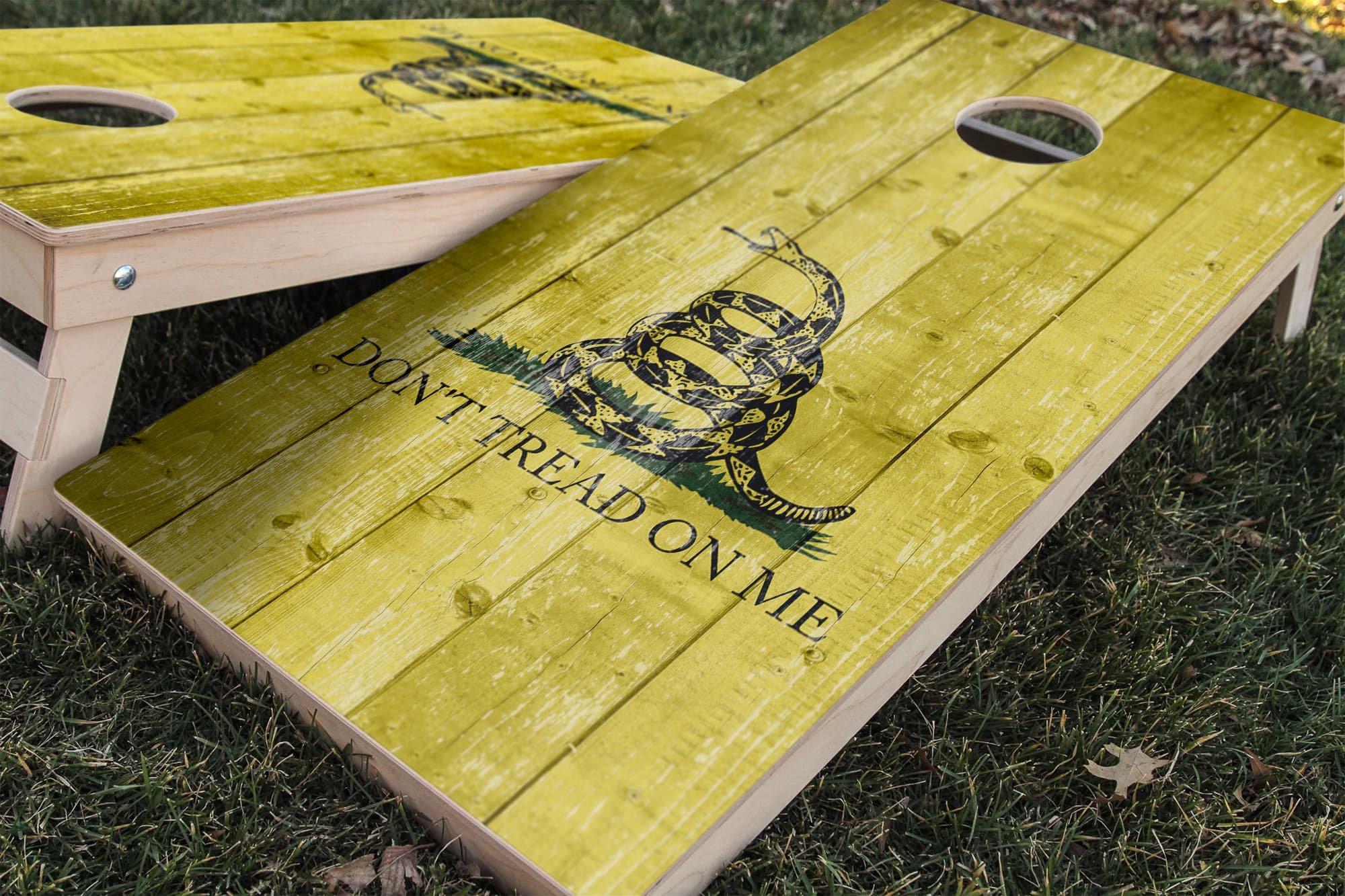 Yellow Gadsden "don't tread on me" flag cornhole board wrap sticker decal set