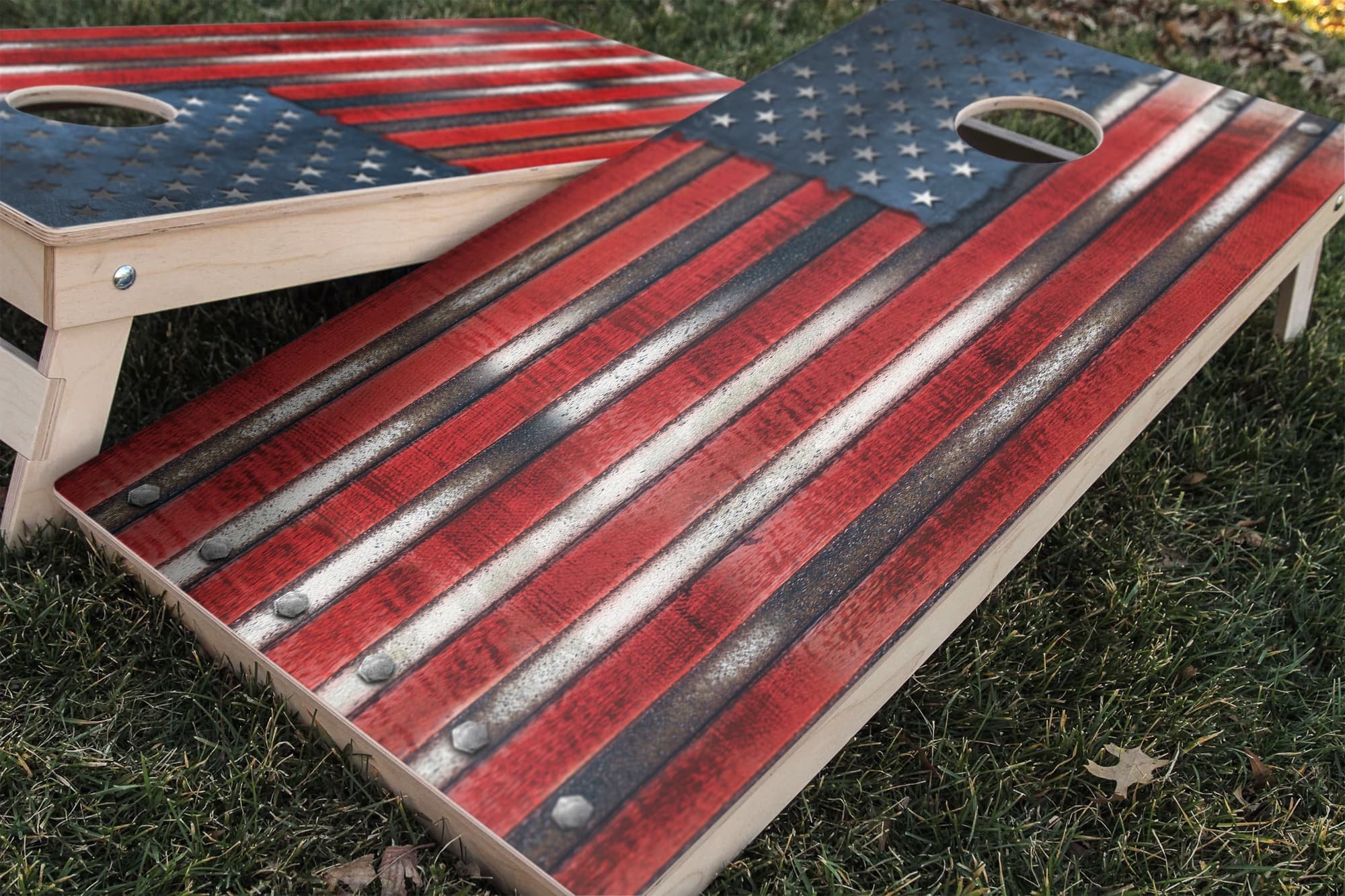 metal rustic grungy United States flag cornhole board vinyl wrap decal skin set