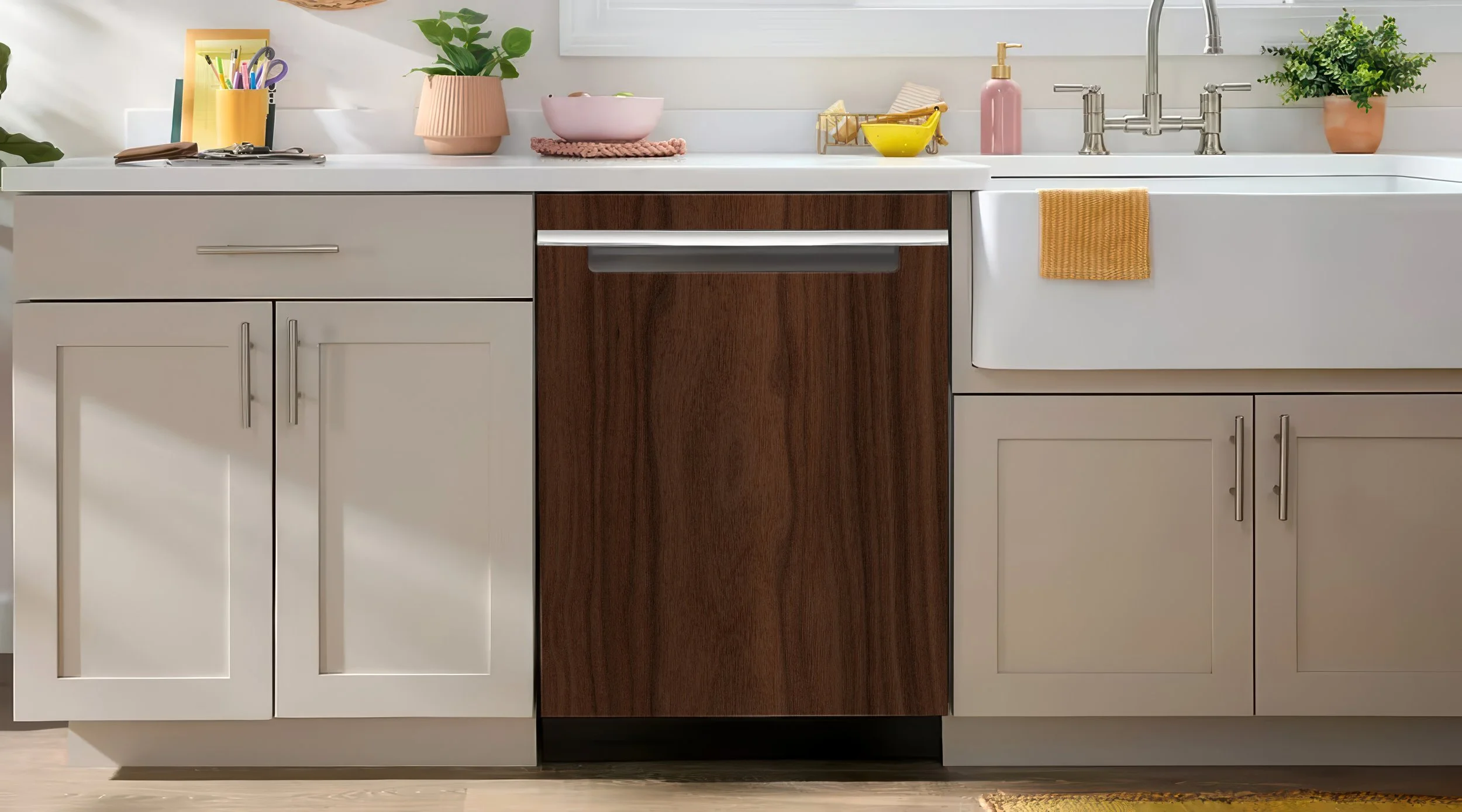 mockup of our dark walnut slab texture on a custom-printed vinyl dishwasher wrap skin in a contemporary kitchen.