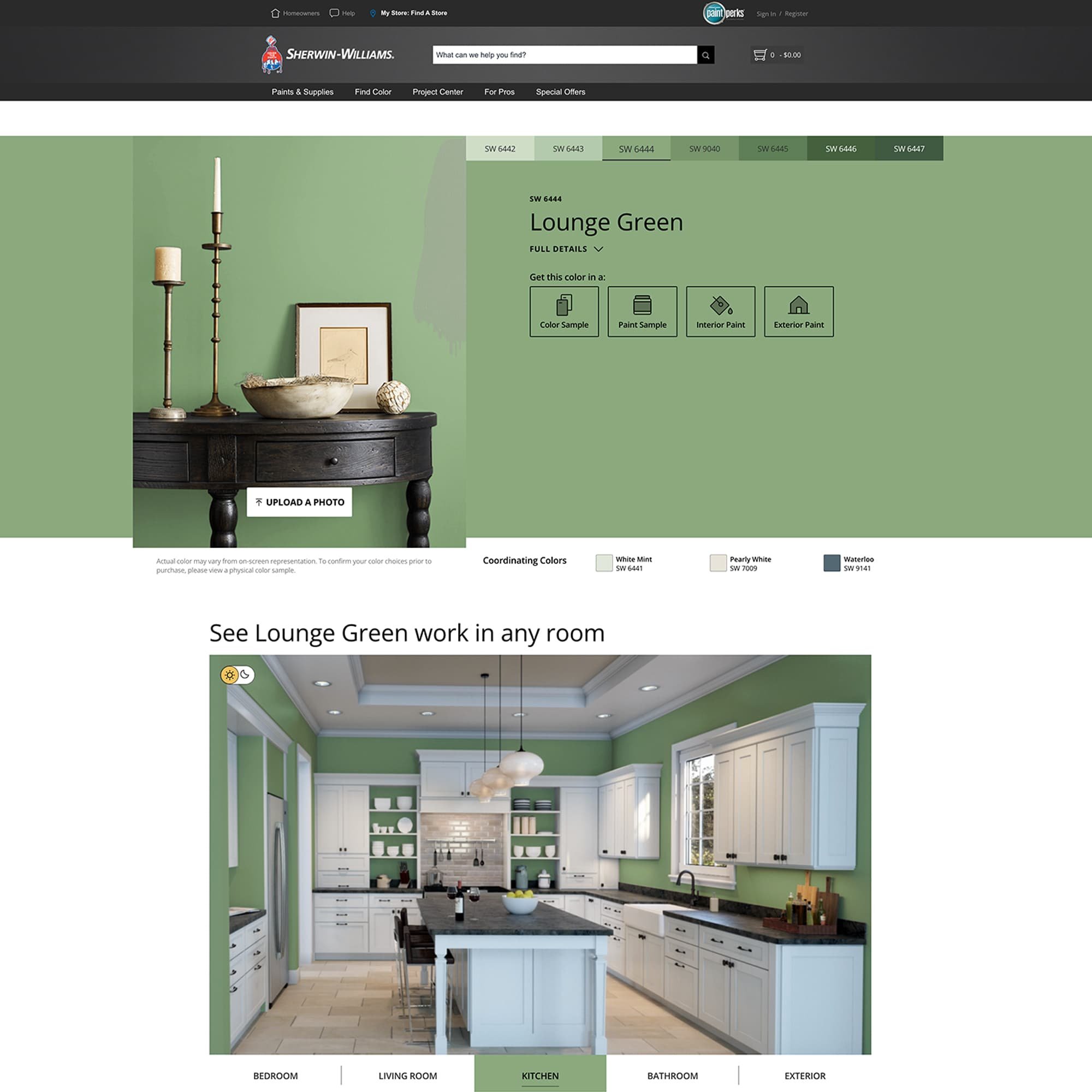 screenshot of this paint color on Sherwin Williams website. Color shown is Lounge Green SW 6444