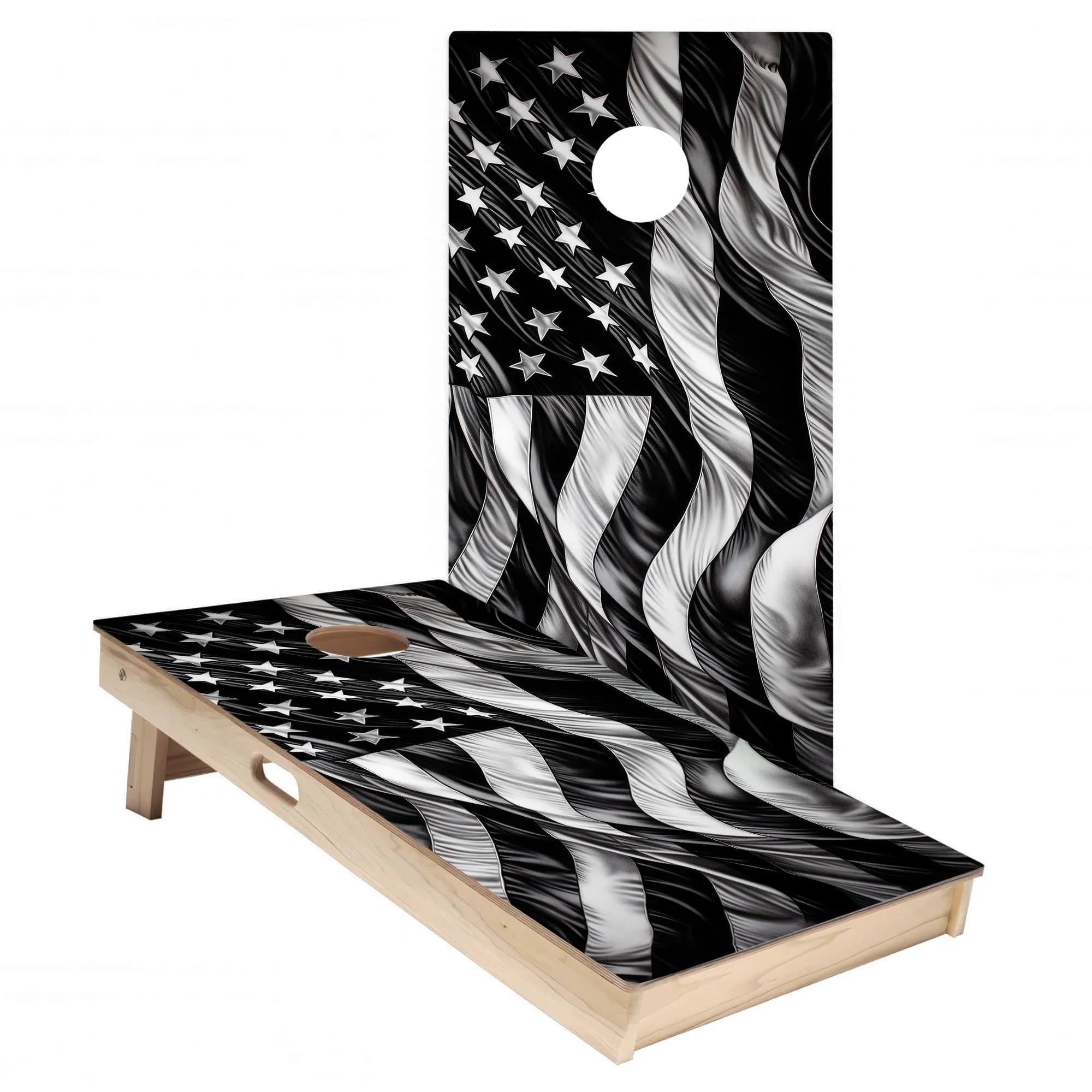 Black & White USA Flag Cornhole Board Wrap Set