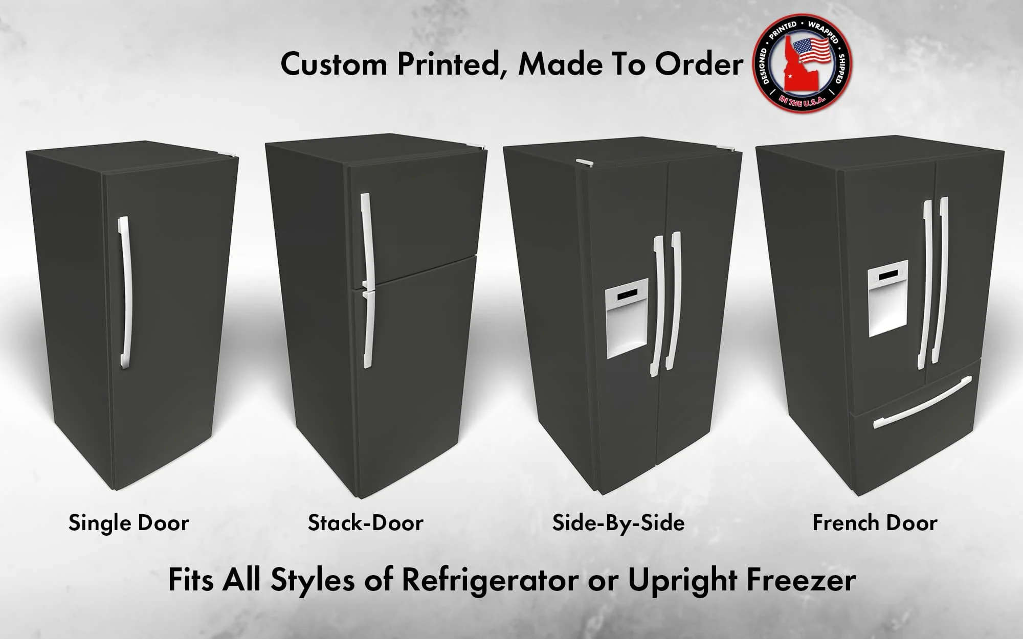 Several 3D models of different refrigerator styles shown in Darkroom SW 7083 custom vinyl wrap color.
