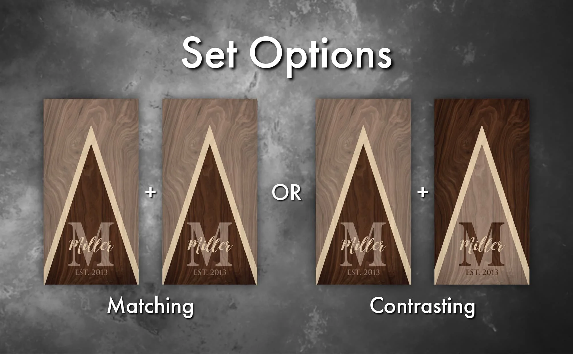 Walnut wood slab monogram personalized custom Cornhole board wrap sticker decal set options