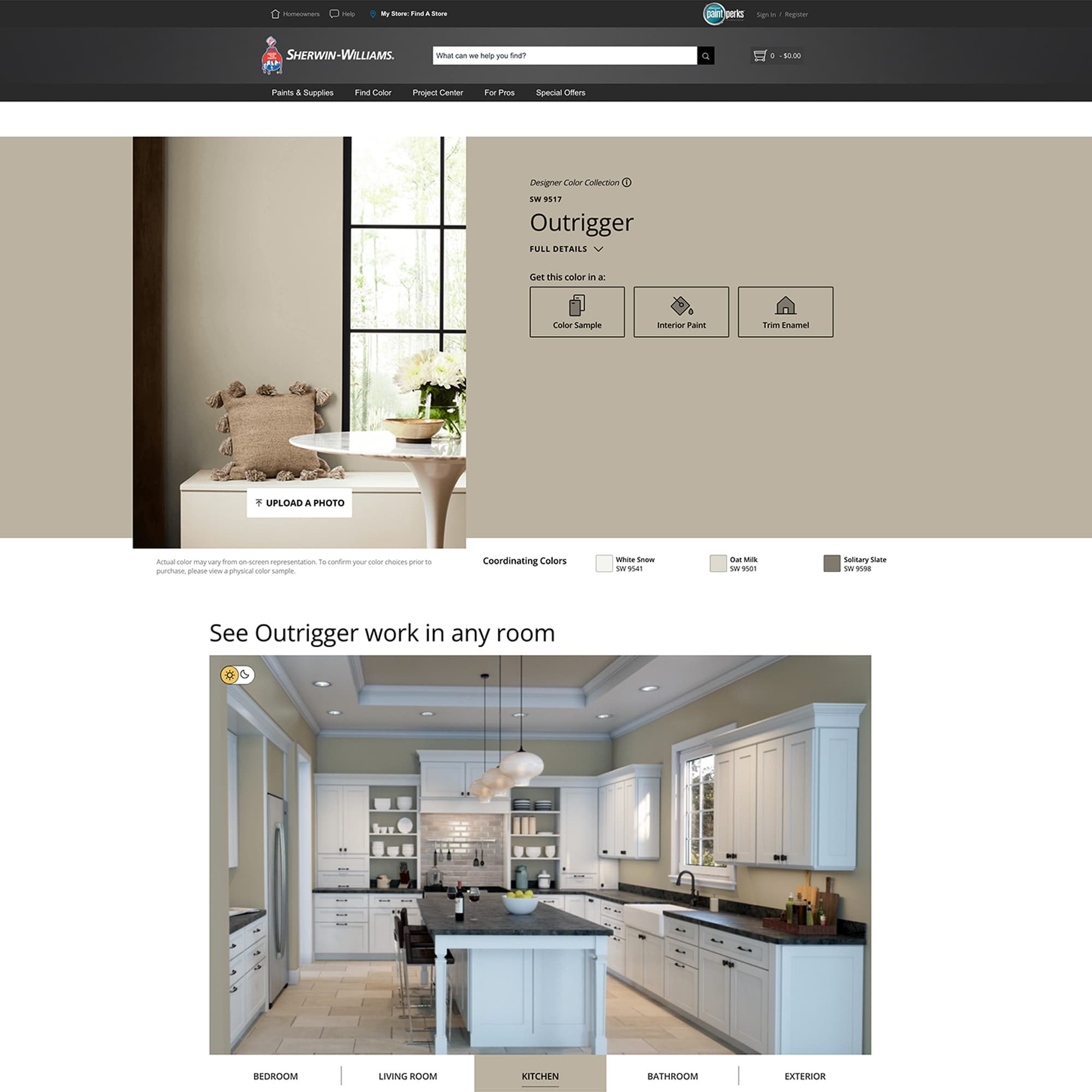 screenshot of this paint color on Sherwin Williams website. Color shown is Outrigger SW 9517