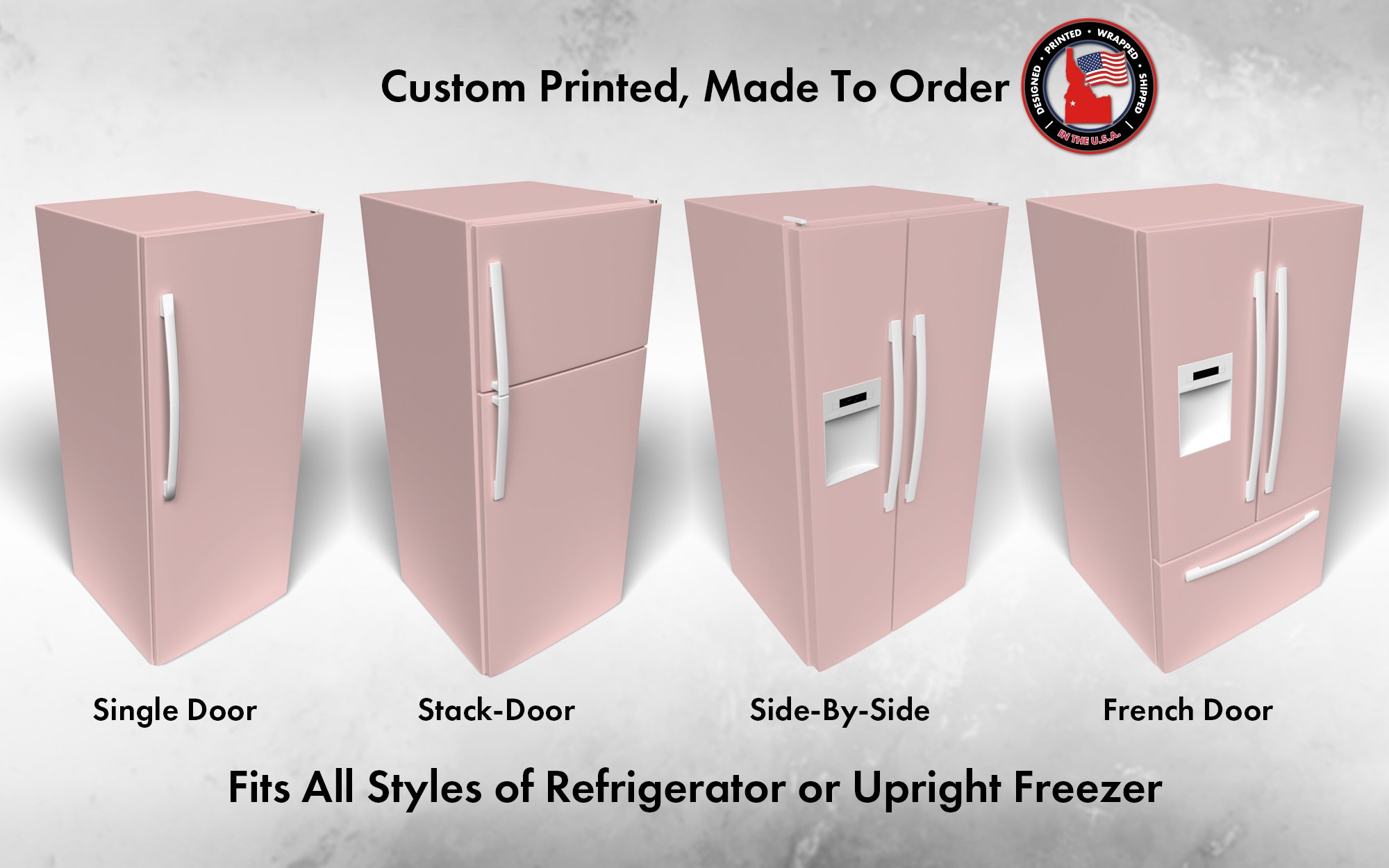 Several 3D models of different refrigerator styles shown in Sherwin Williams Appleblossom SW 0076 custom vinyl wrap color.