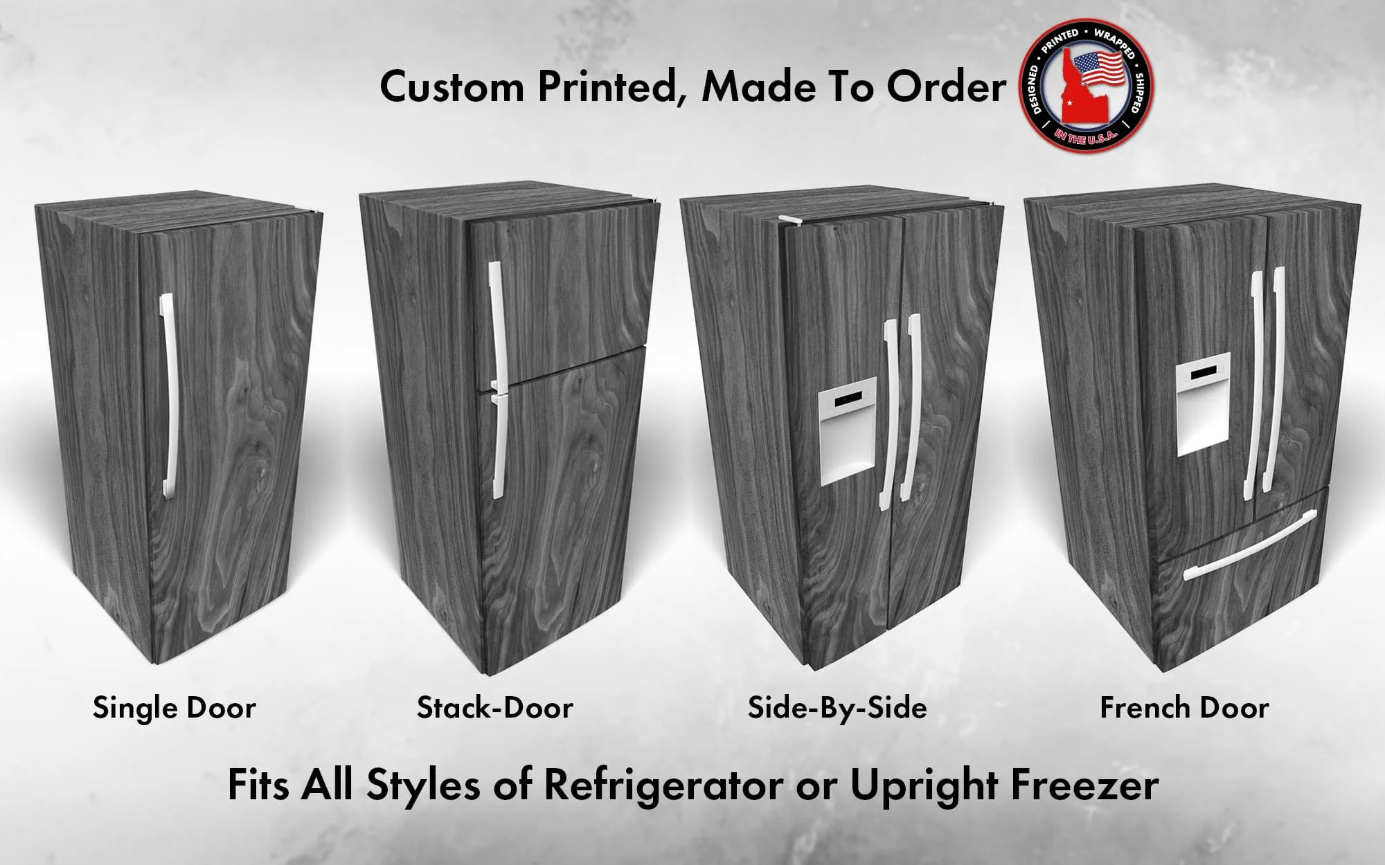 mockup of 4 different refrigerator styles all wrapped in our American walnut wood slab graphic, showcasing how our wraps can fit almost any style of refrigerator.