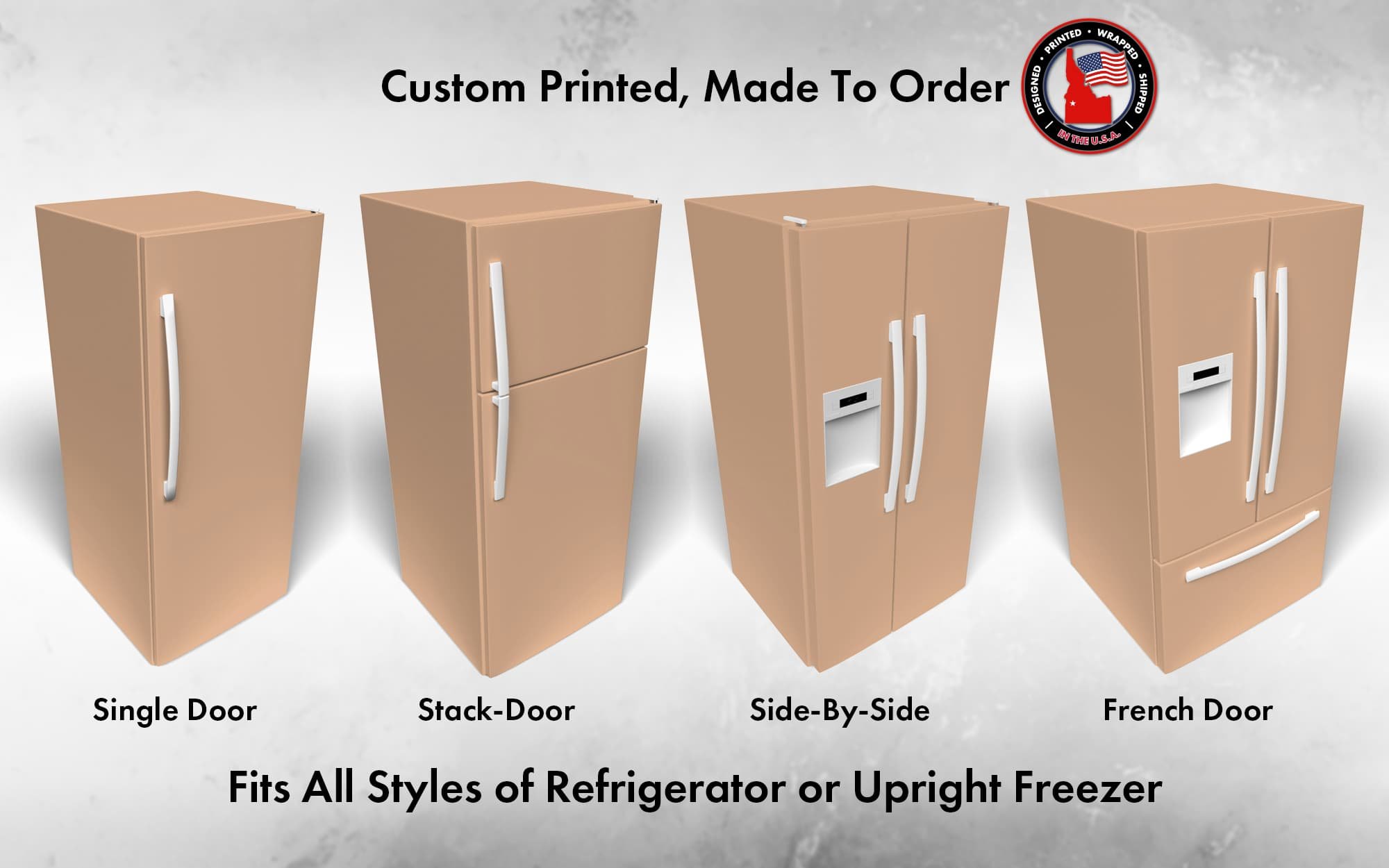 Several 3D models of different refrigerator styles shown in Benjamin Moore Grazing Fawn 1220 custom vinyl wrap color