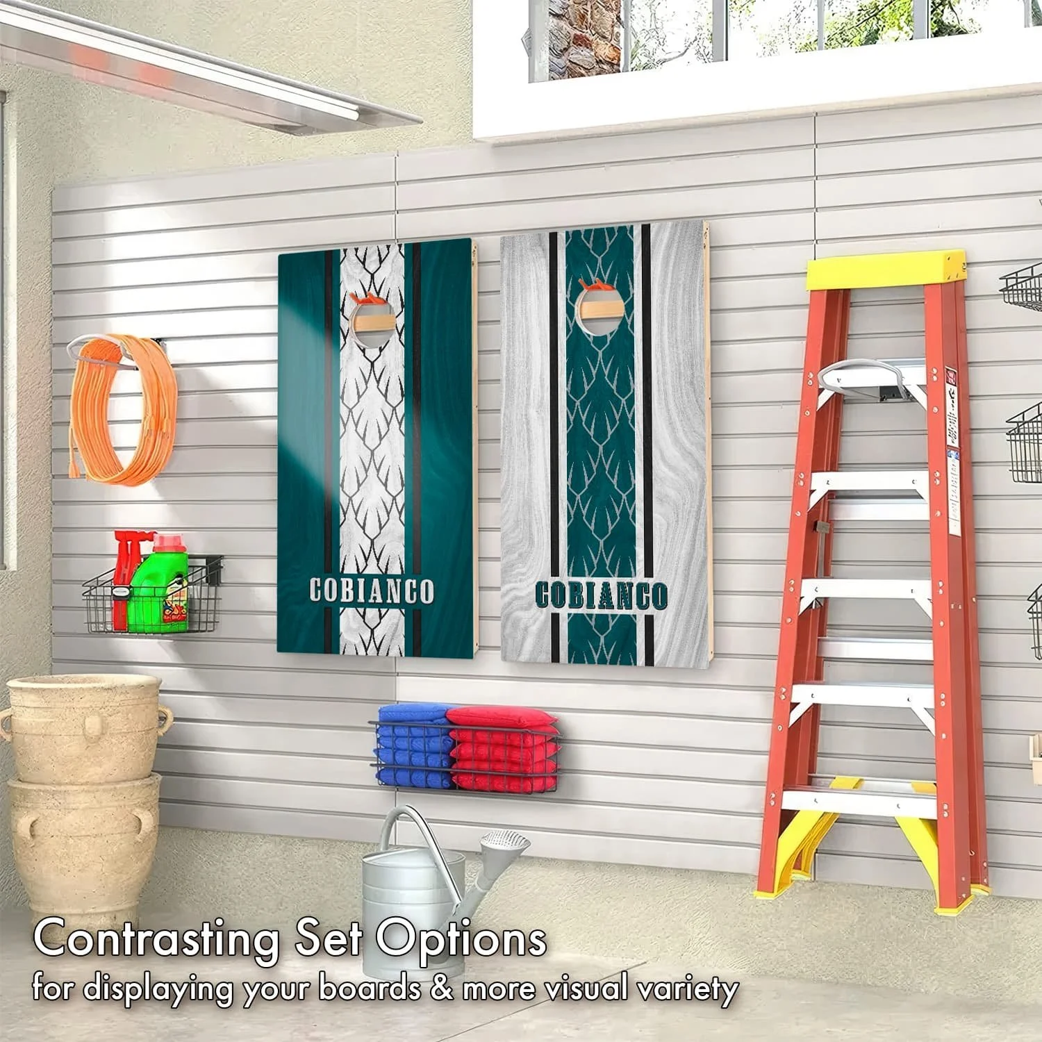 Personalized Philadelphia Eagles Colors custom wood texture Cornhole boards hanging on display in a garage (Copy) (Copy)