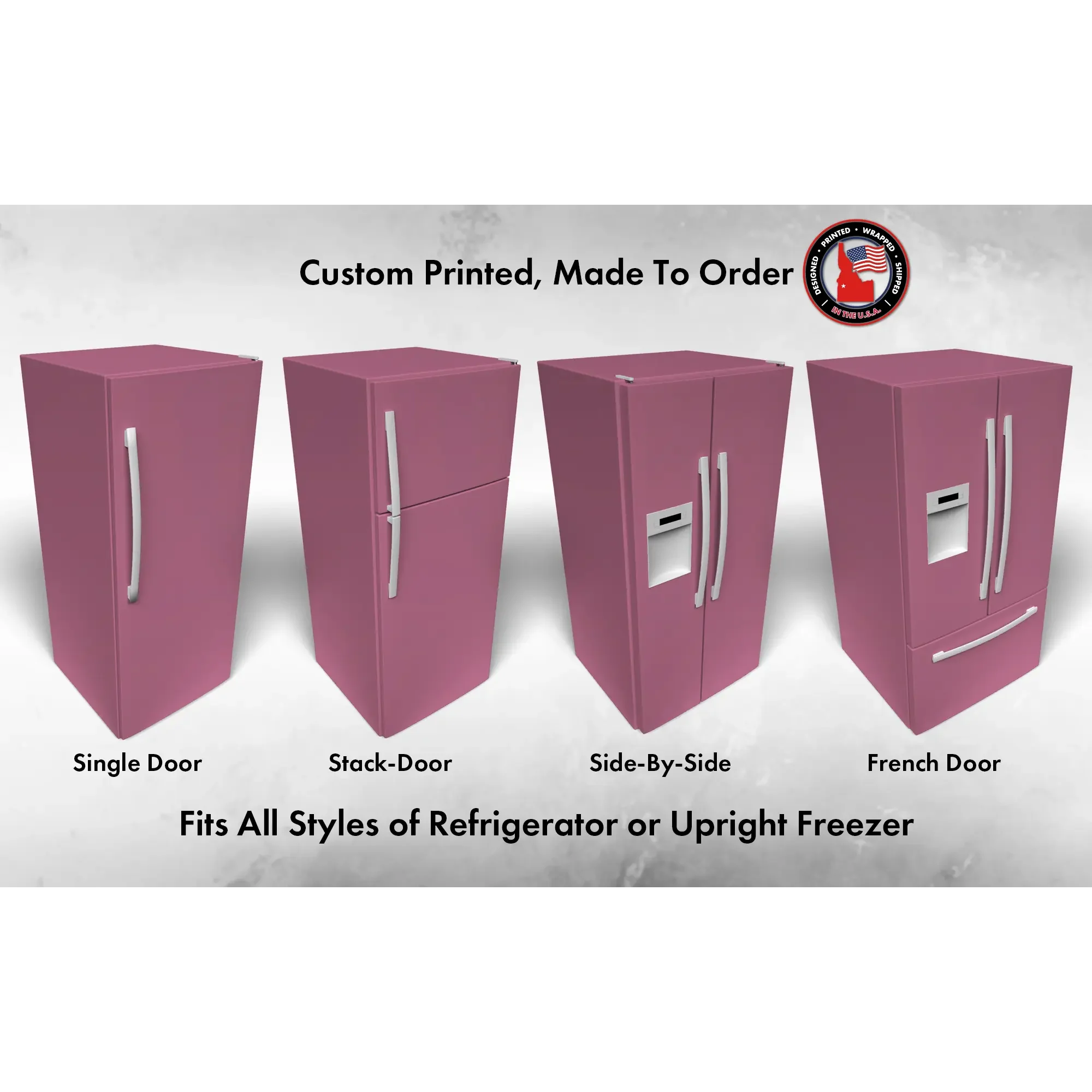 Several 3D models of different refrigerator styles shown in Cyclamen SW 6571 custom vinyl wrap color.