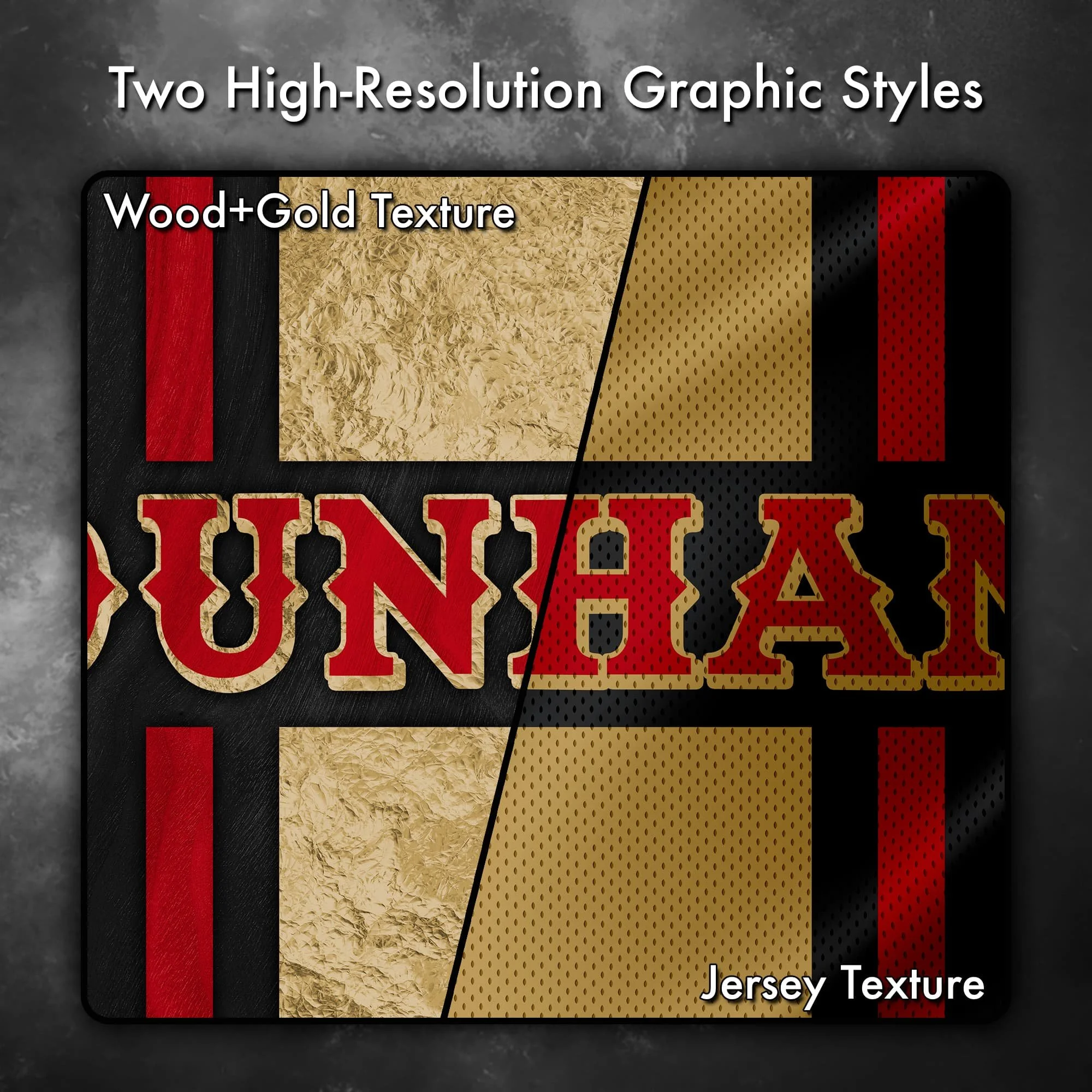 Close up image showing the wood grain+gold metal and jersey texture options of this cornhole board vinyl wrap decal set