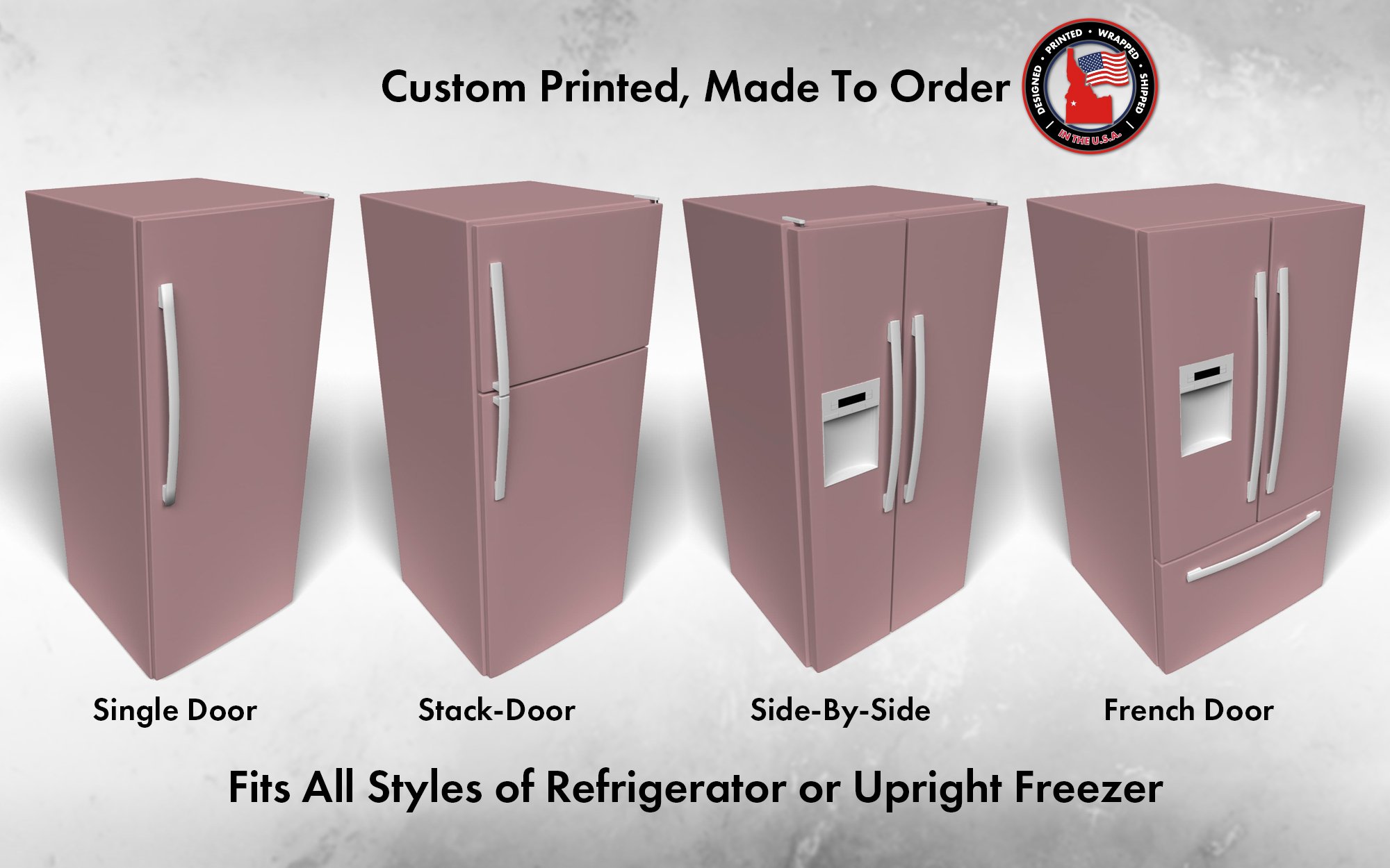 Several 3D models of different refrigerator styles shown in Rose Embroidery SW 6297 custom vinyl wrap color.