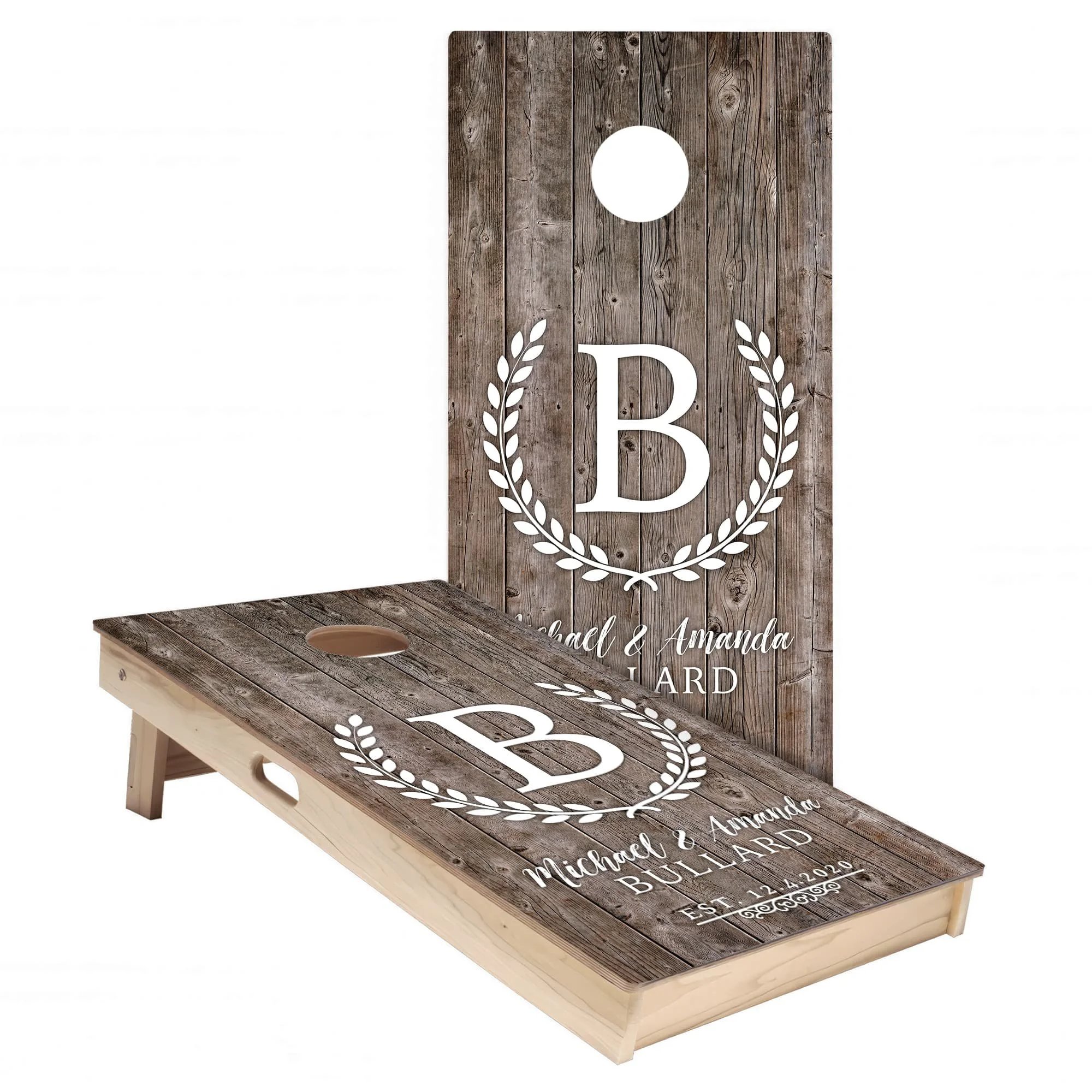 Rustic Wood Wedding Anniversary personalized custom Cornhole board wrap sticker decal set