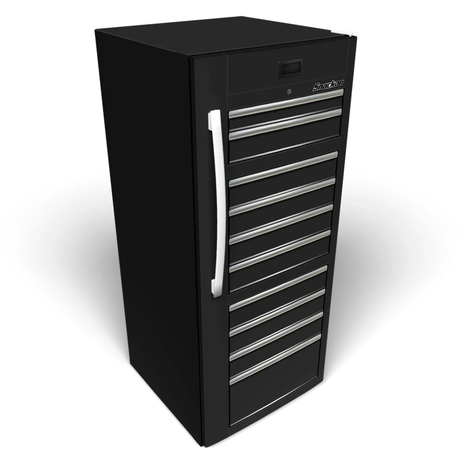 black tool chest custom-printed vinyl wrap on an upright chest freezer