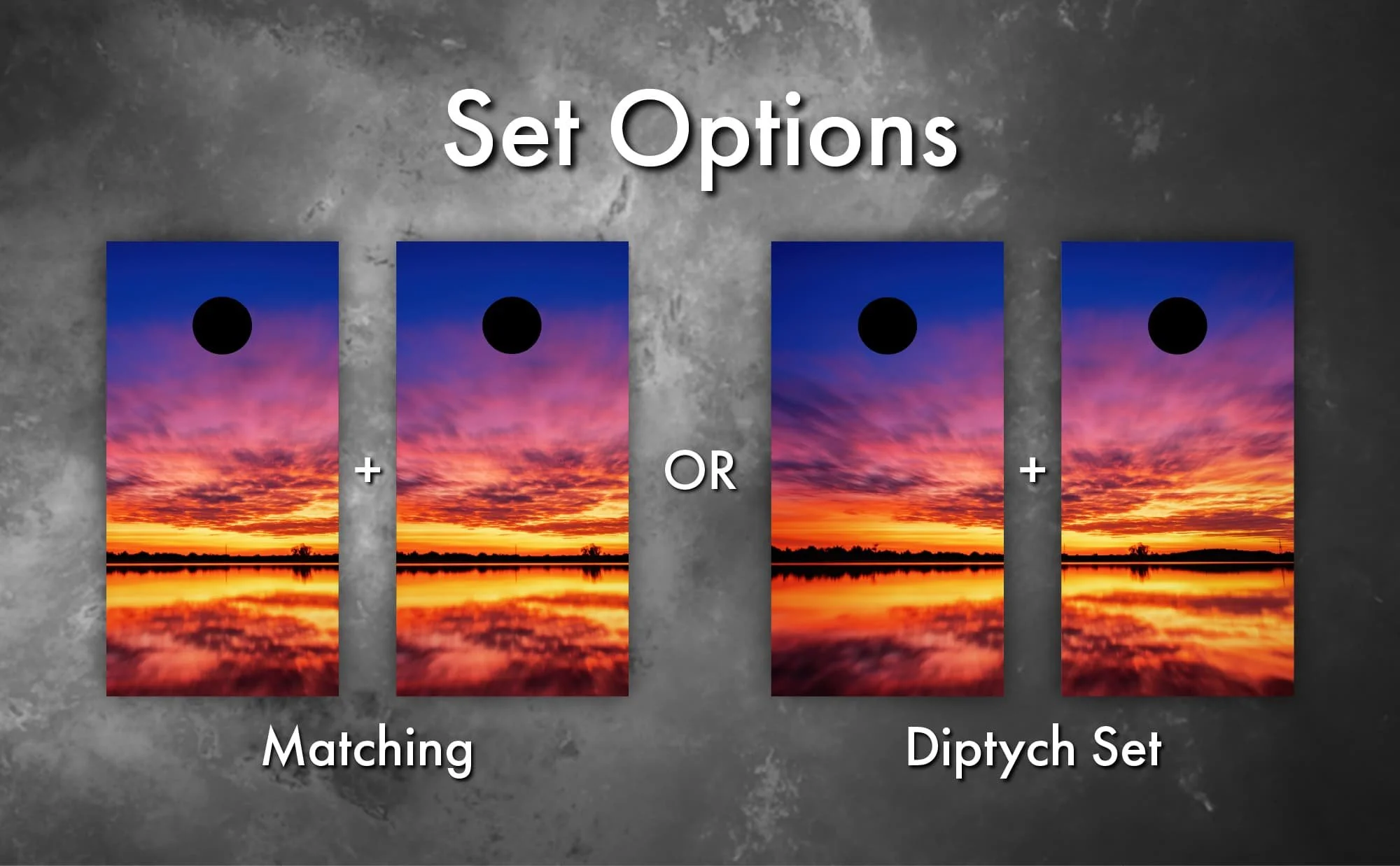 blue orange lake sunset photograph cornhole board wrap set options