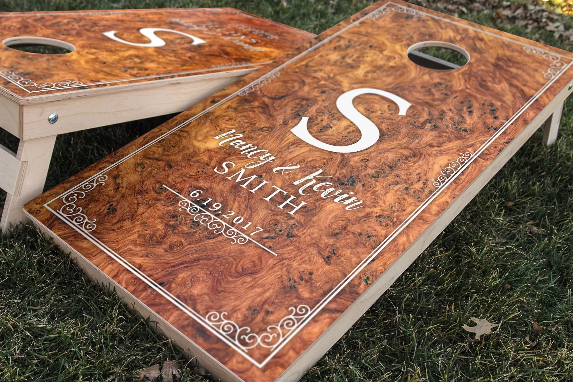 Burl Wood Wedding Anniversary personalized custom Cornhole board wrap sticker decal set