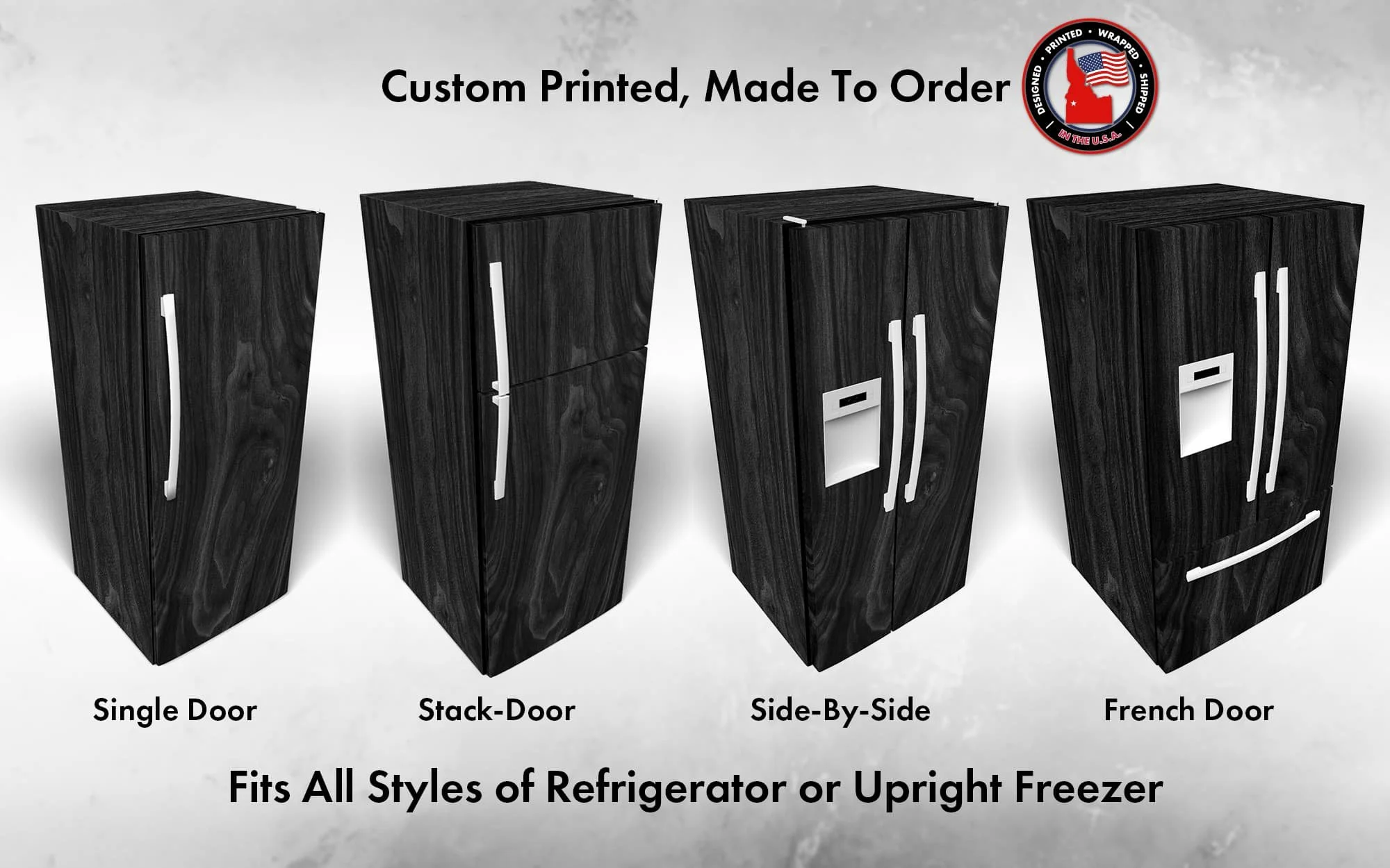 mockup of 4 different refrigerator styles all wrapped in our Ebony walnut wood slab graphic, showcasing how our wraps can fit almost any style of refrigerator.