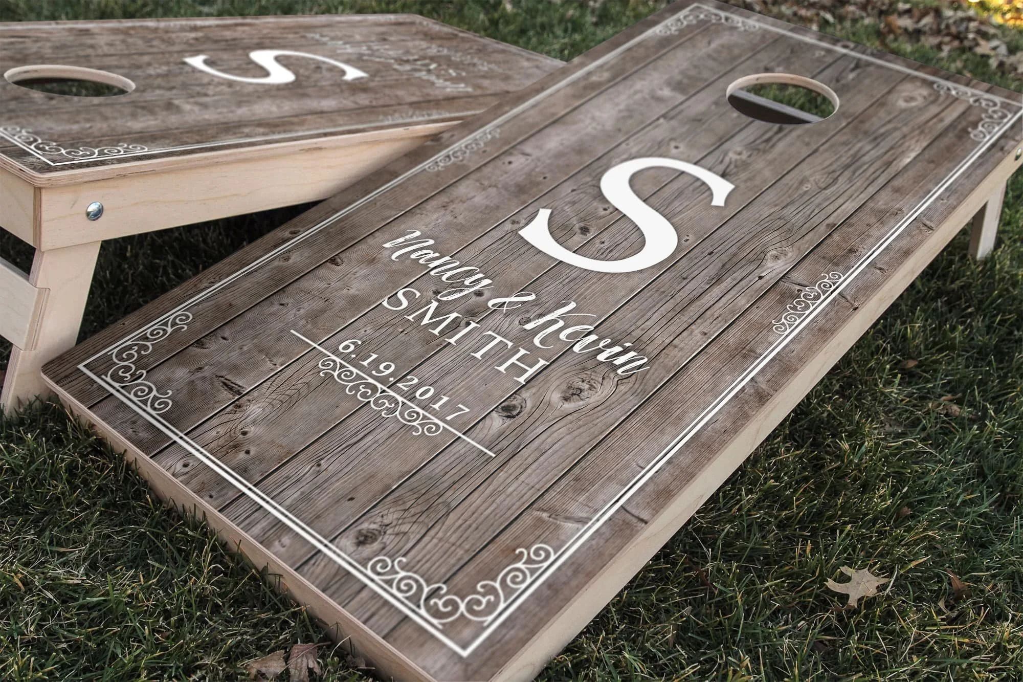 Rustic Wood Wedding Anniversary personalized custom Cornhole board wrap sticker decal set