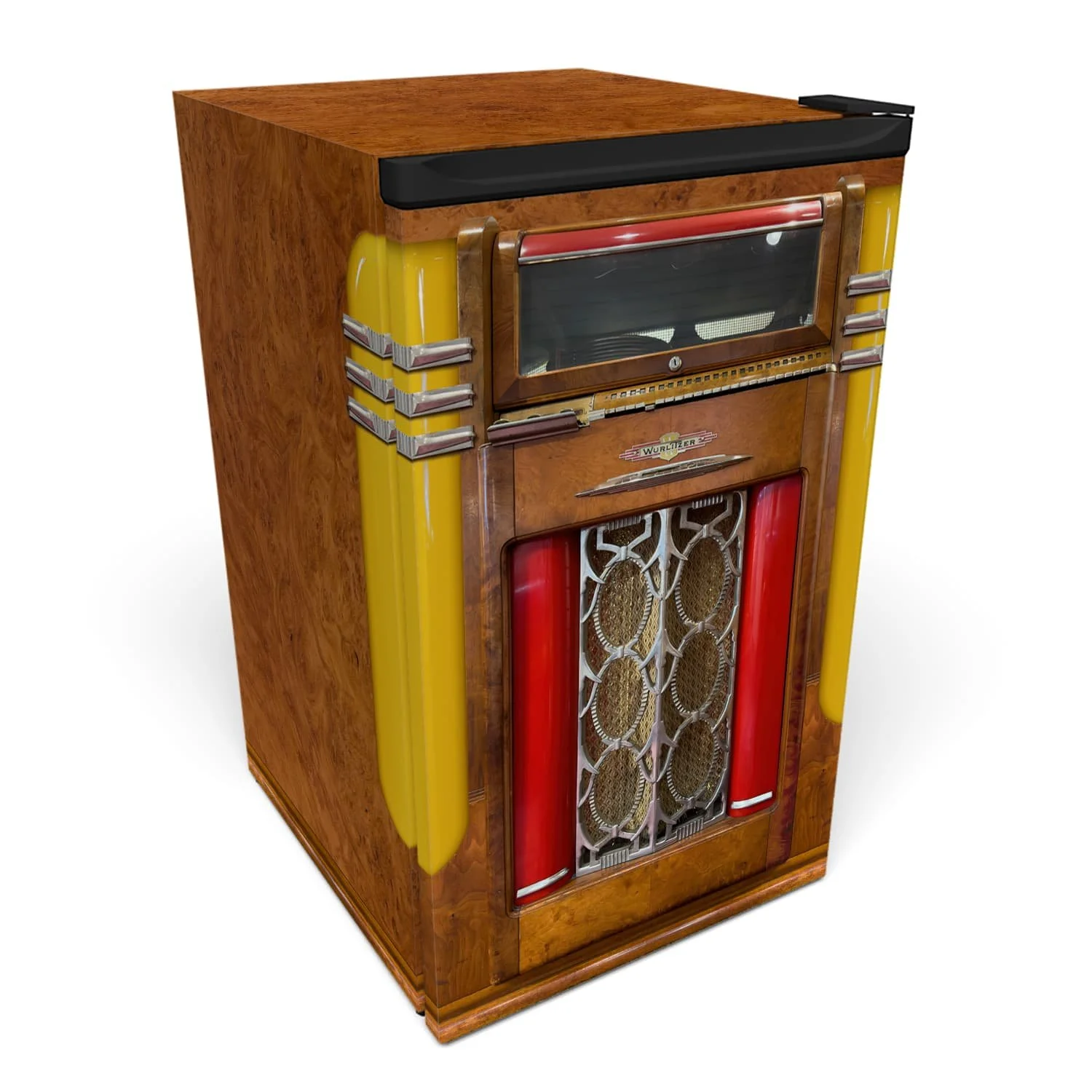 3d mockup of a solid door mini fridge, covered in our custom-printed Wurlitzer jukebox vinyl wrap.