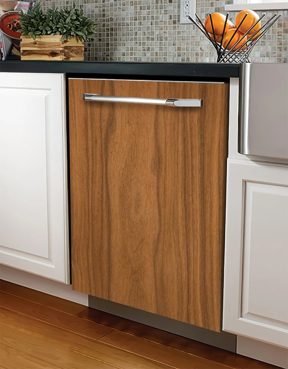 mockup of our EA Finish walnut slab texture on a custom-printed vinyl dishwasher wrap skin in a contemporary kitchen.