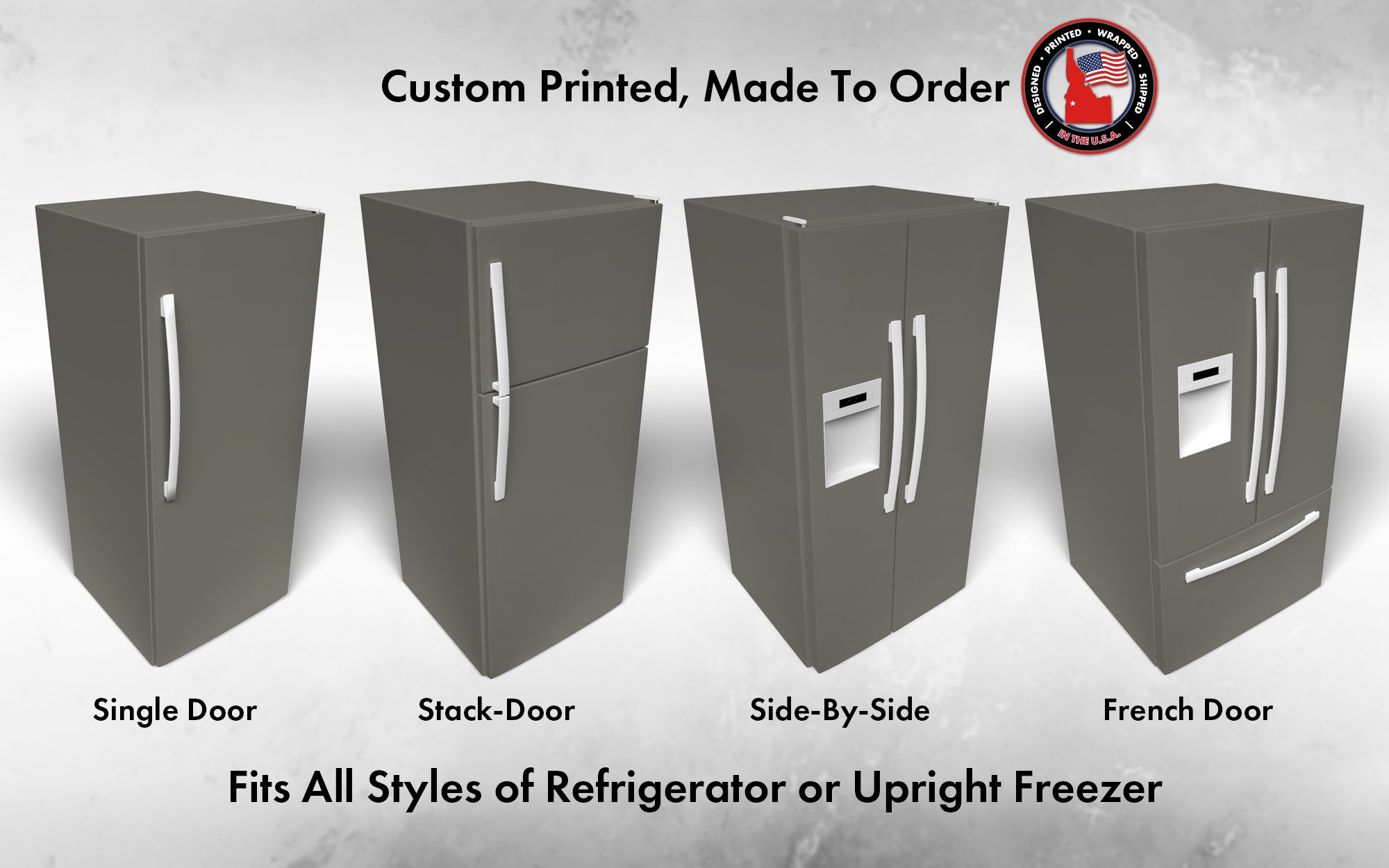 Several 3D models of different refrigerator styles shown in Thunderous SW 6201 custom vinyl wrap color.