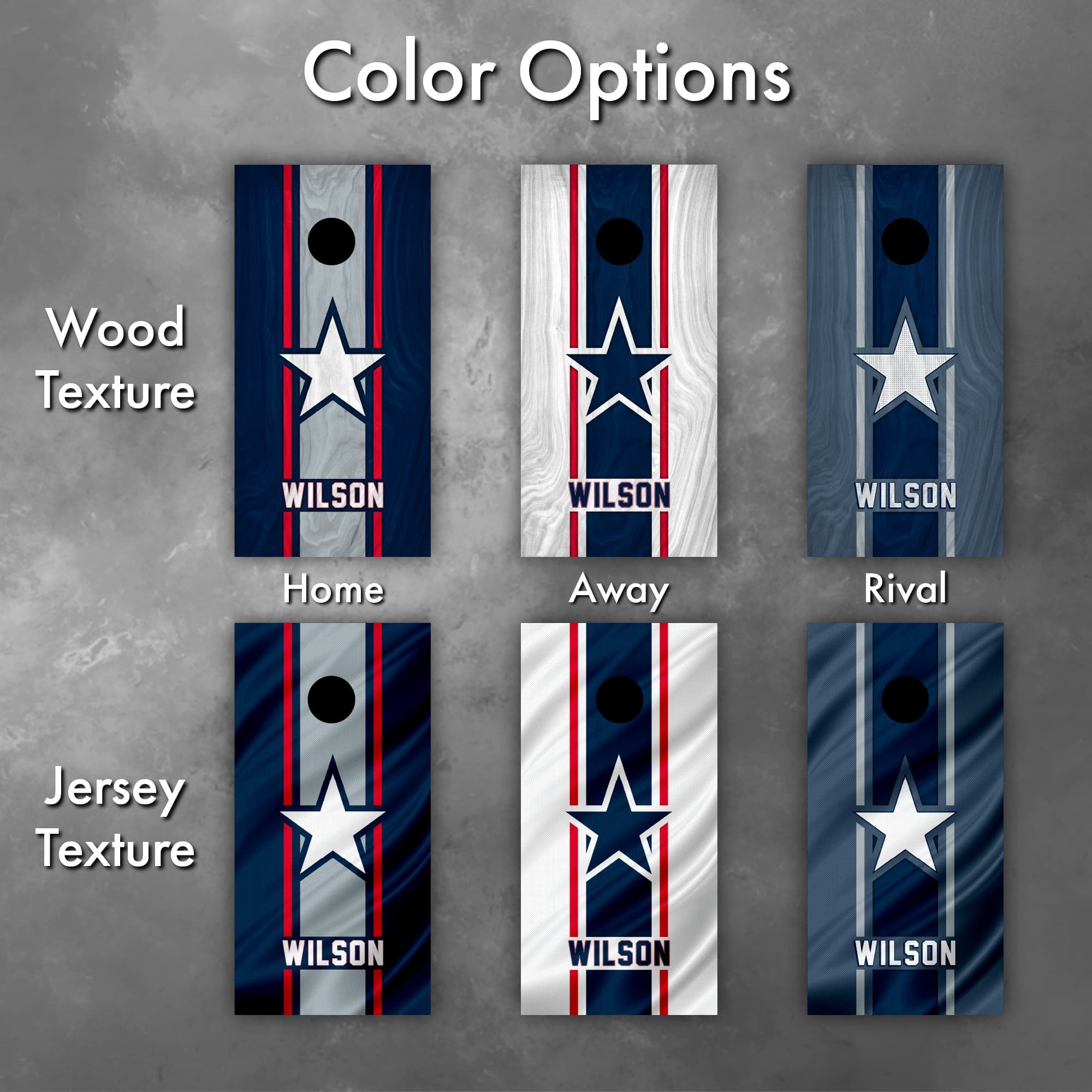 6 color and graphic texture options for our Los Angeles Rams-themed custom personalized cornhole board vinyl wrap decals (Copy) (Copy) (Copy)