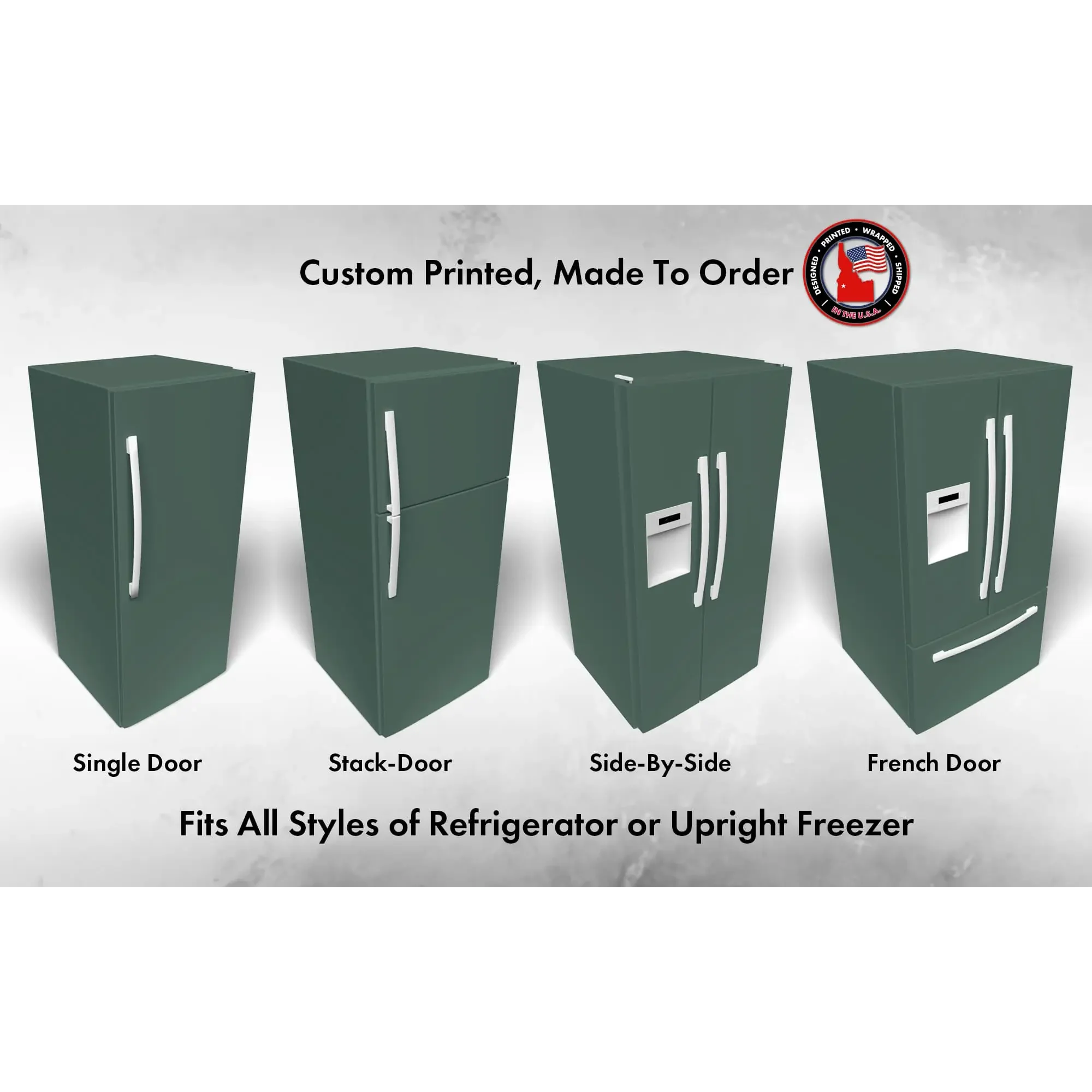 Several 3D models of different refrigerator styles shown in Behr Equilibrium T18-20 custom vinyl wrap color.