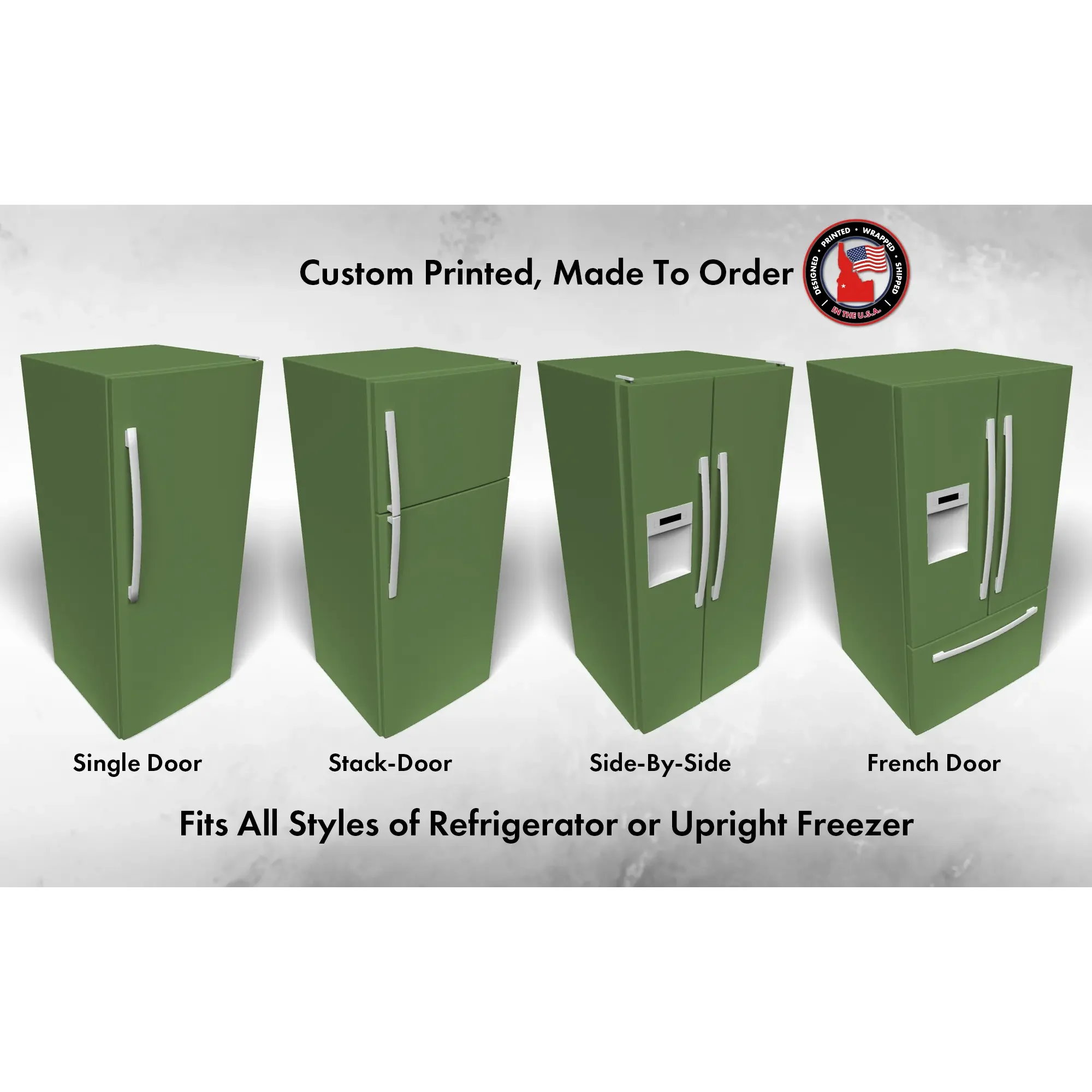 Several 3D models of different refrigerator styles shown in Talipot Palm SW 6726 custom vinyl wrap color.