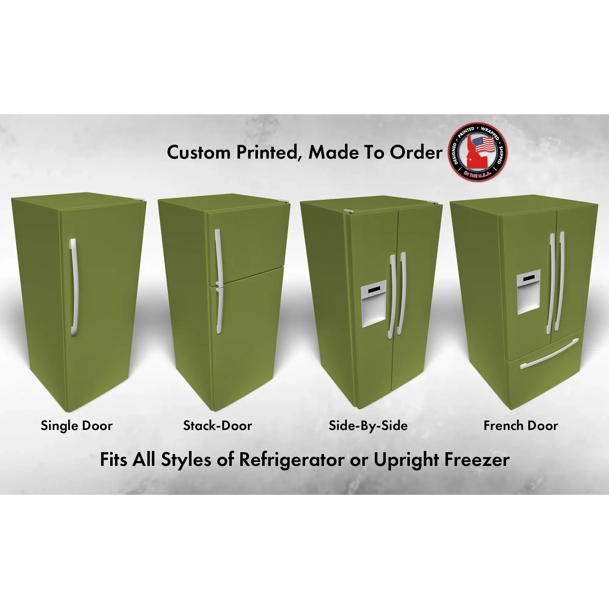 Several 3D models of different refrigerator styles shown in Gecko SW 6719 custom vinyl wrap color.