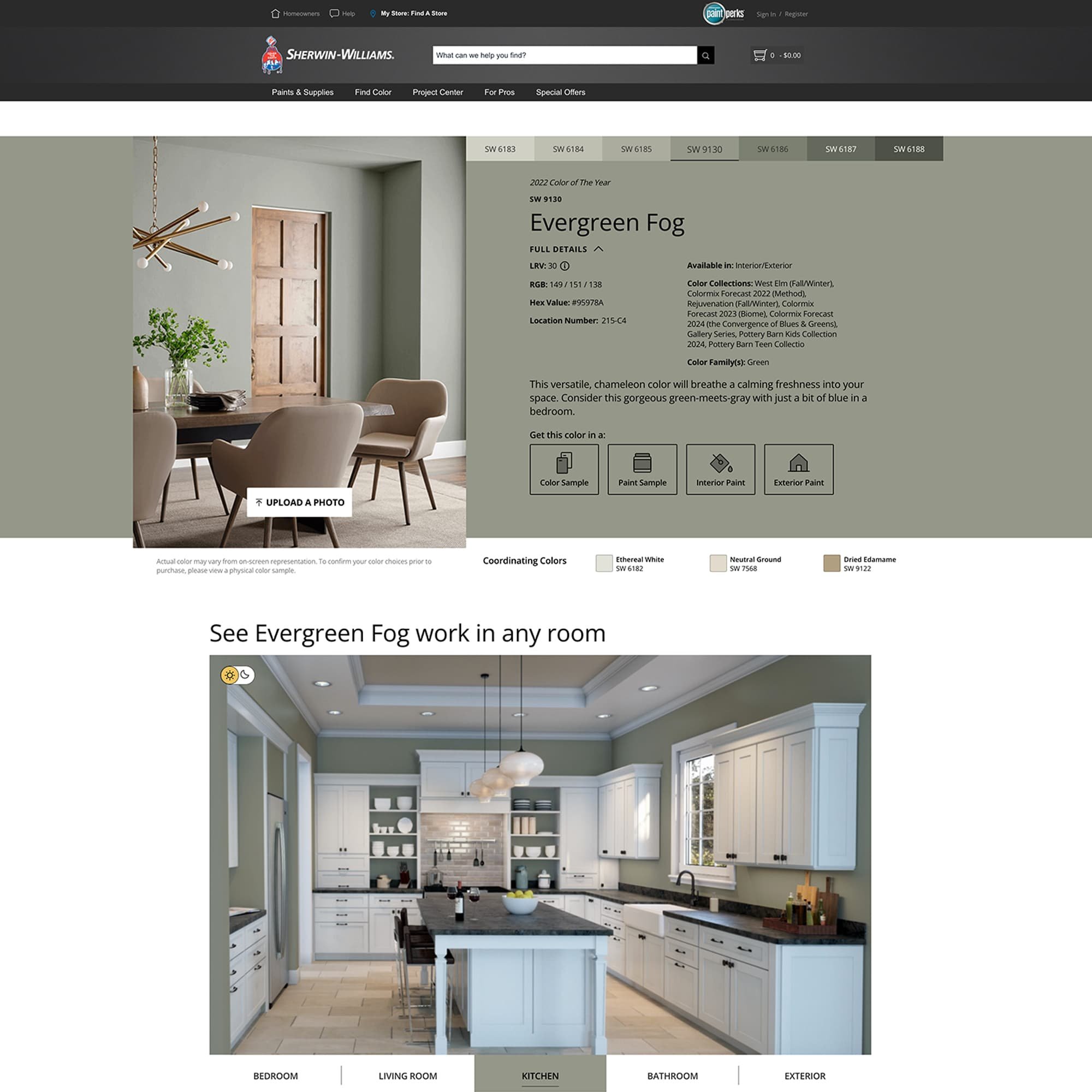 screenshot of this paint color on Sherwin Williams website. Color shown is Evergreen Fog SW 9130