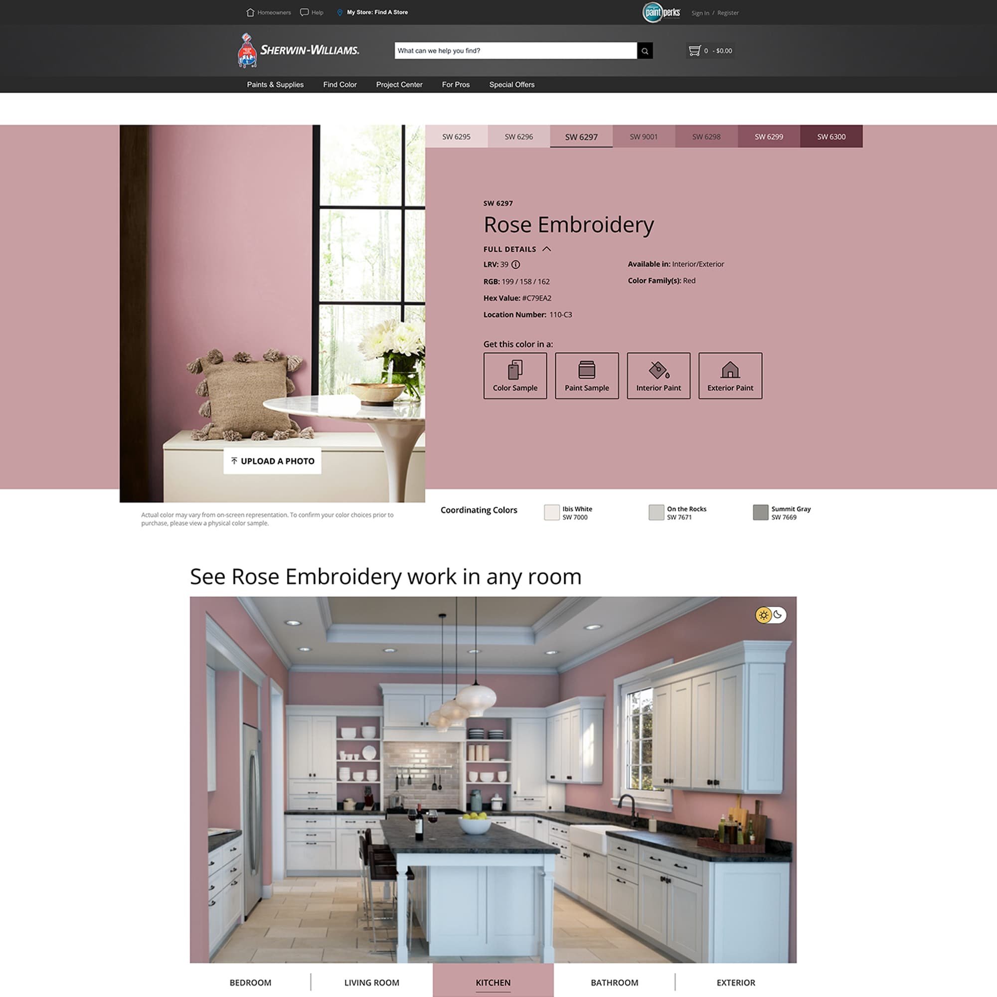 screenshot of this paint color on the Sherwin Williams website. Color shown is Rose Embroidery SW 6297.