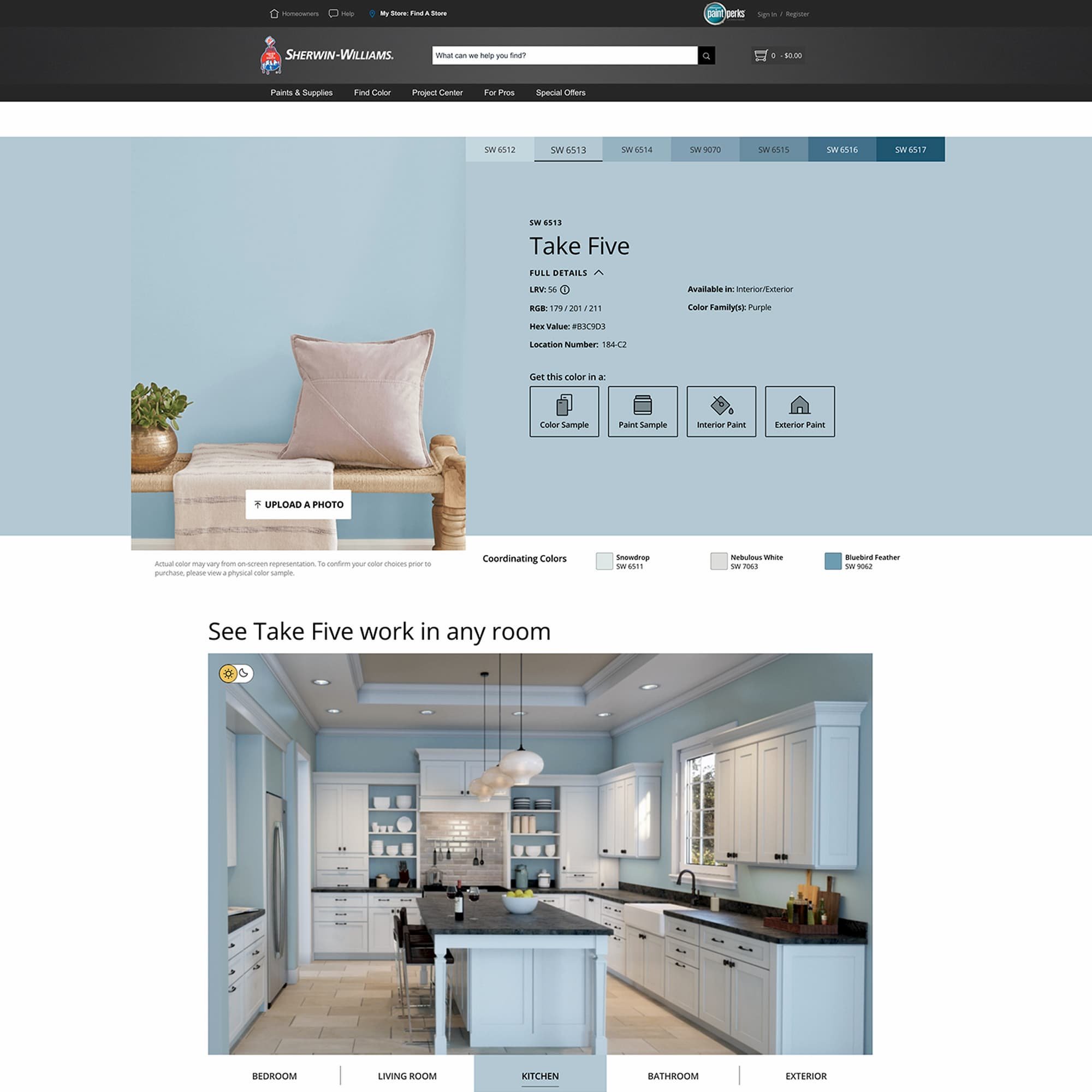 screenshot of this paint color on Sherwin Williams website. Color shown is Take Five SW 6513