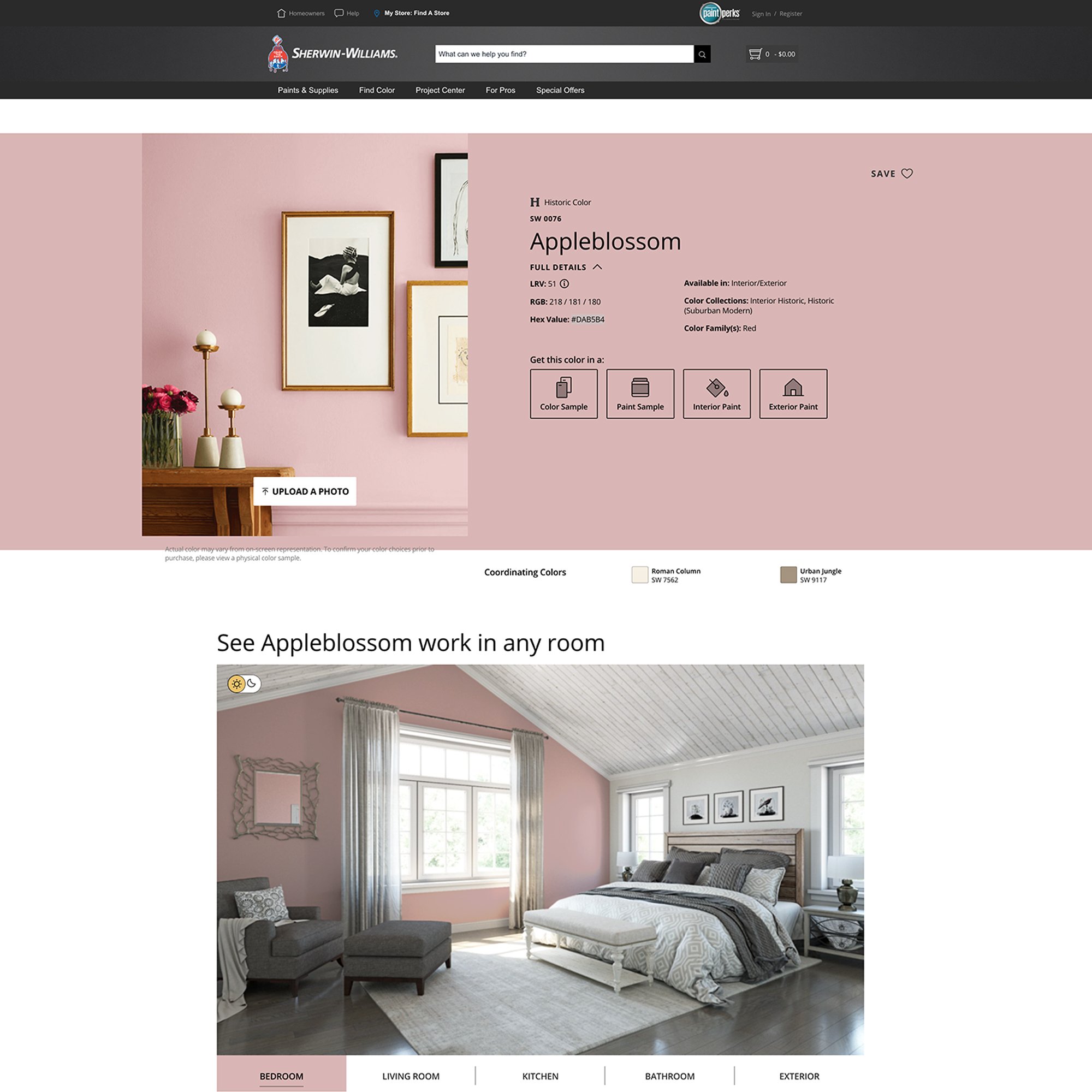 screenshot of this paint color on the Sherwin Williams website. Color shown is Appleblossom SW 0076