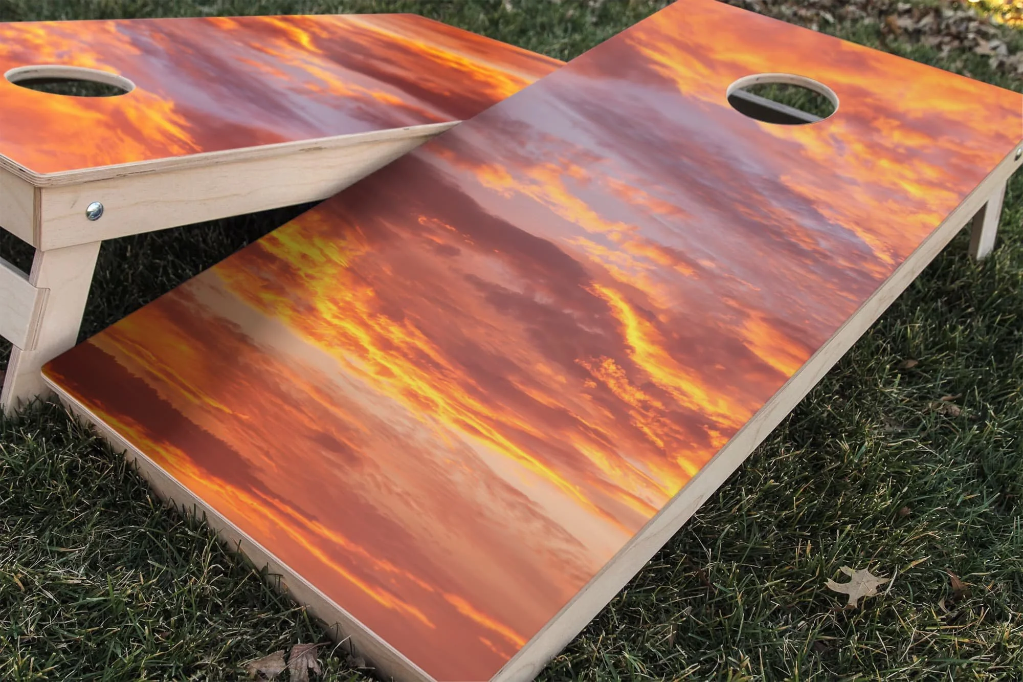 pink and orange cloudy sunset Cornhole board wrap sticker decal set