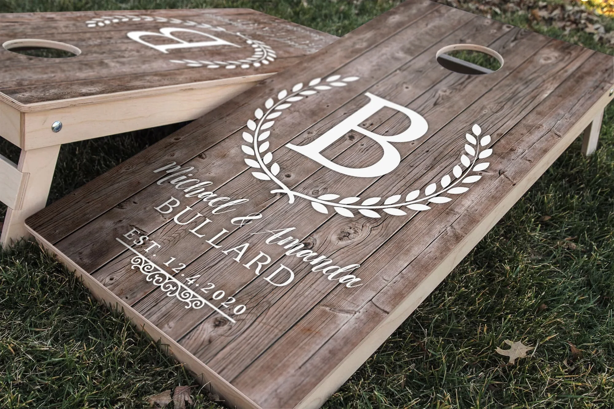 Rustic Wood Wedding Anniversary personalized custom Cornhole board wrap sticker decal set