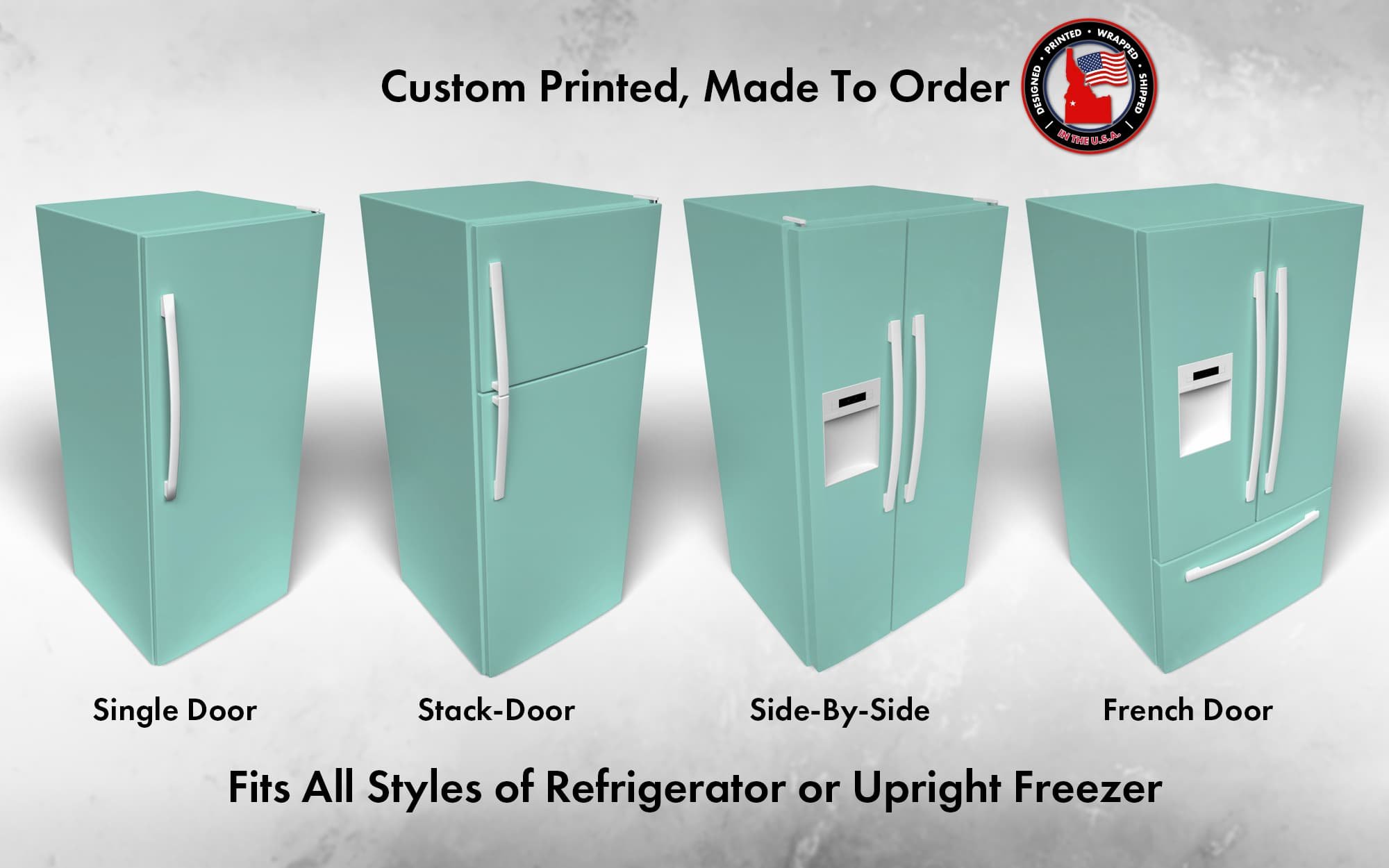 Several 3D models of different refrigerator styles shown in Holiday Turquoise SW 0075 custom vinyl wrap color