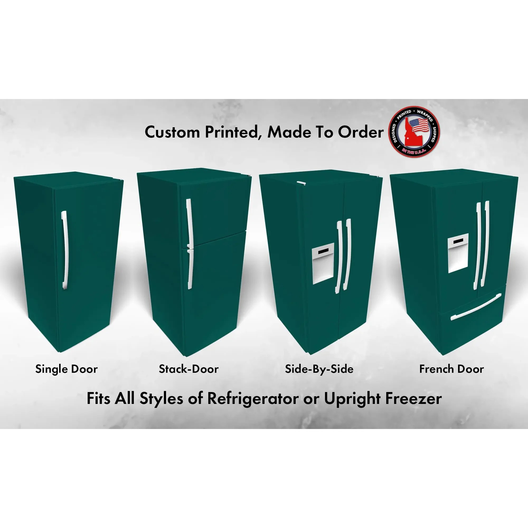 Several 3D models of different refrigerator styles shown in Sherwin Williams Blue Peacock 0064 custom vinyl wrap color