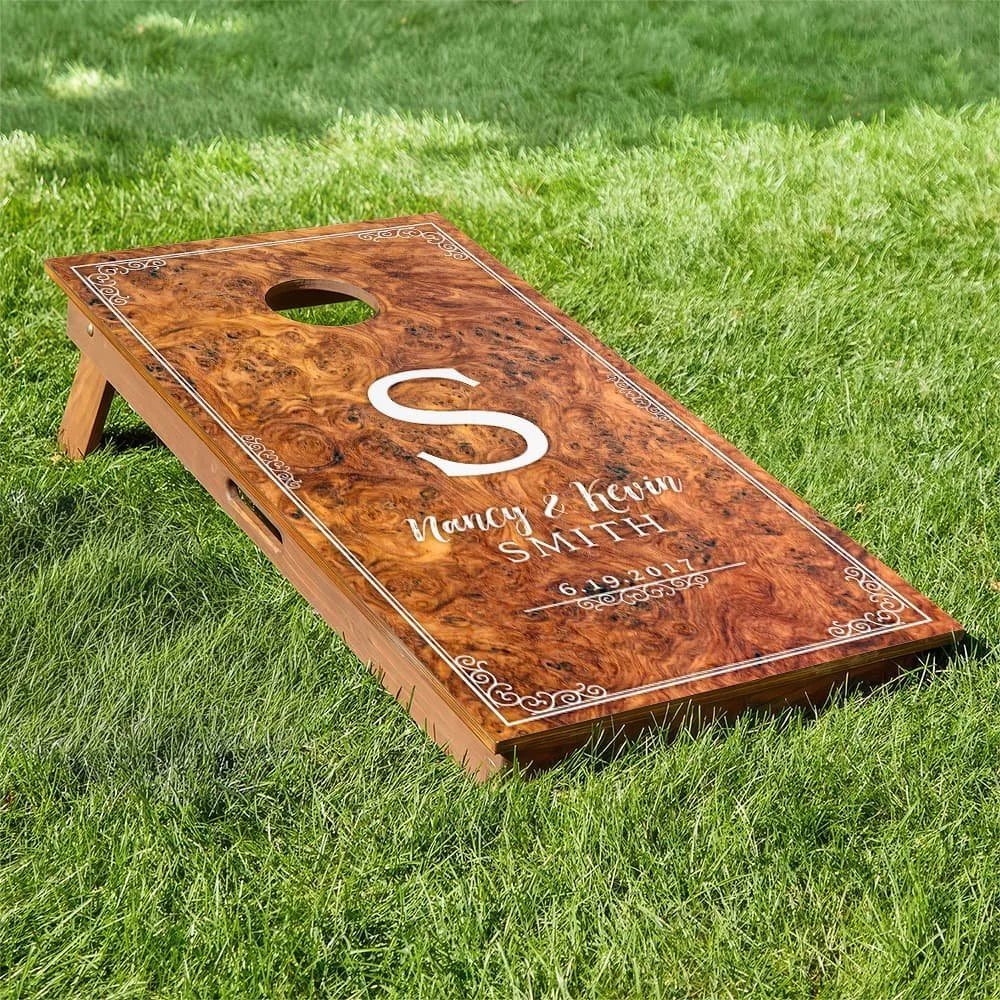Burl Wood Wedding Anniversary personalized custom Cornhole board wrap sticker decal set