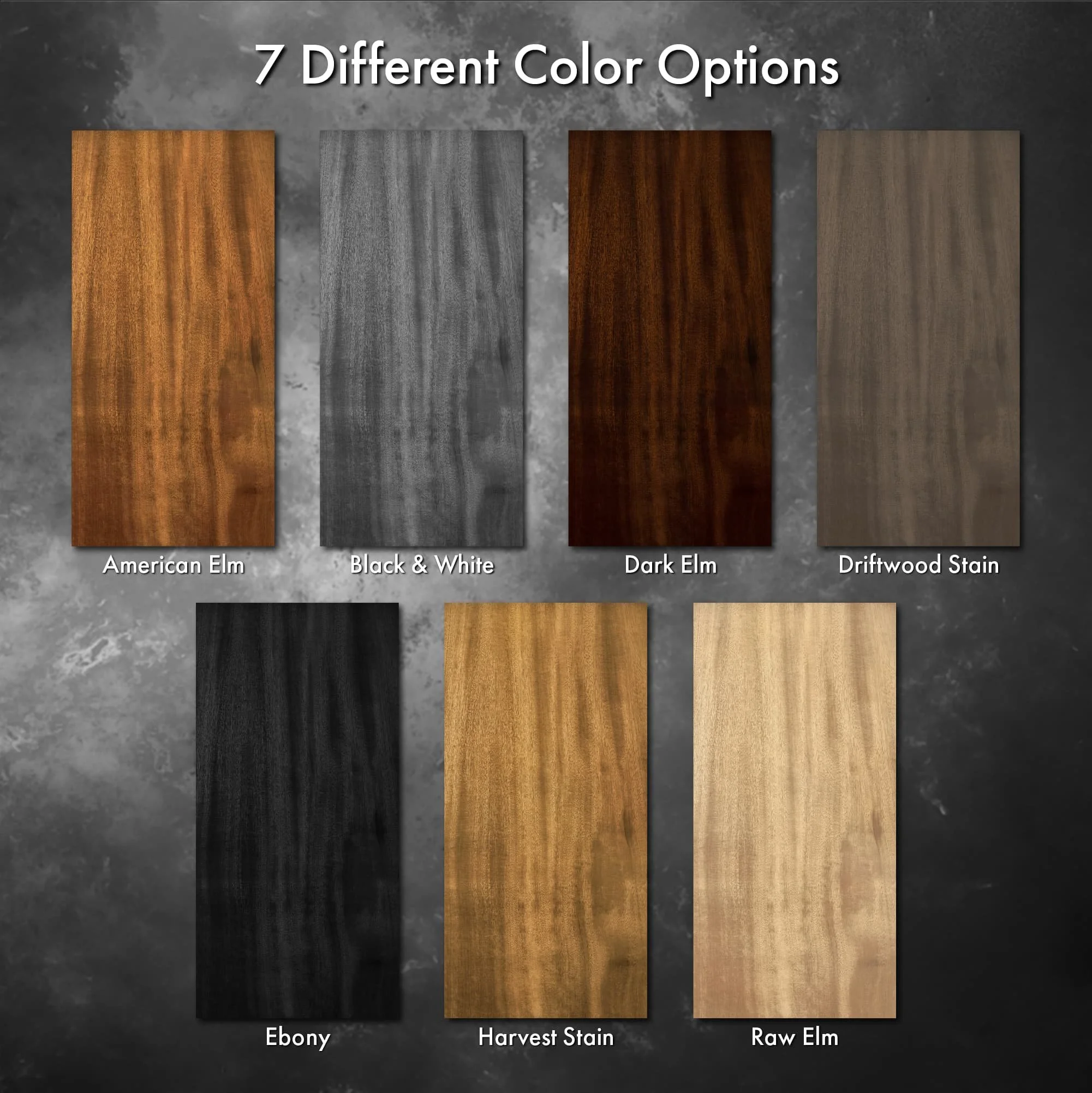 An image showing the 7 different color options of our Elm Slab wood grain custom printed door wrap texture.