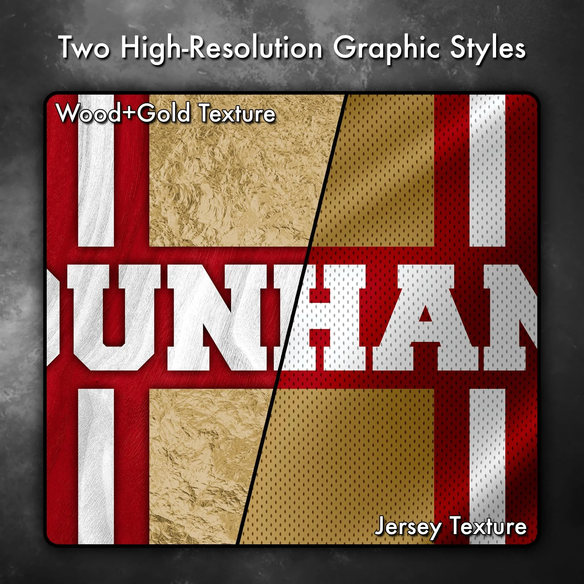 Close up image showing the wood grain+gold metal and jersey texture options of this cornhole board vinyl wrap decal set (Copy)