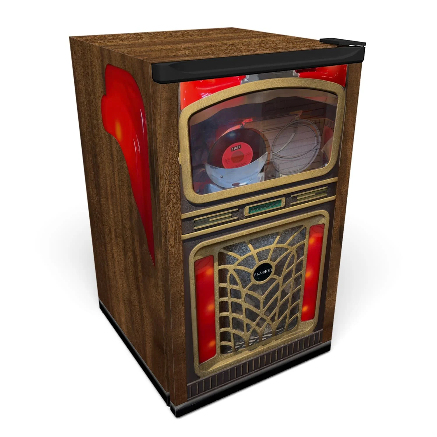 3d model of a solid door mini fridge, wrapped in a custom vinyl skin to look like a packard model 7 jukebox from the 1940's