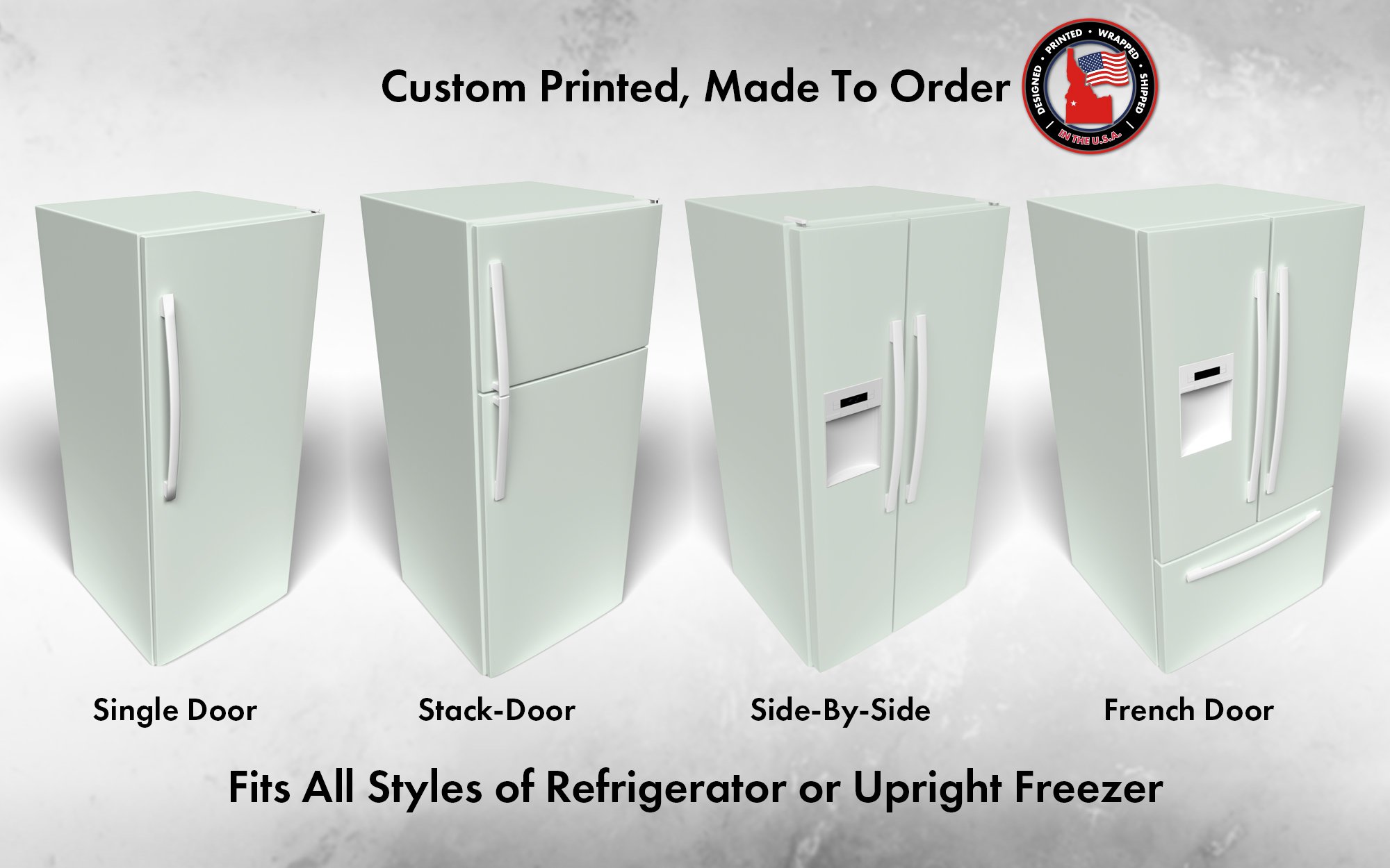 Several 3D models of different refrigerator styles shown in Sherwin Williams Fleeting Green SW 6455 custom vinyl wrap color.