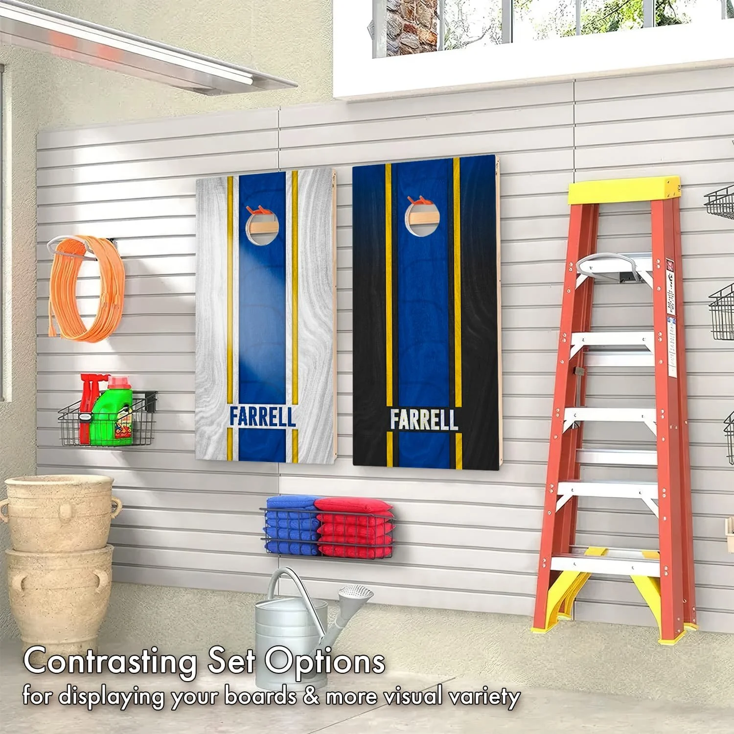 Contrasting set of Personalized Los Angeles Rams Colors custom wood Cornhole boards hanging on display in a garage (Copy) (Copy)