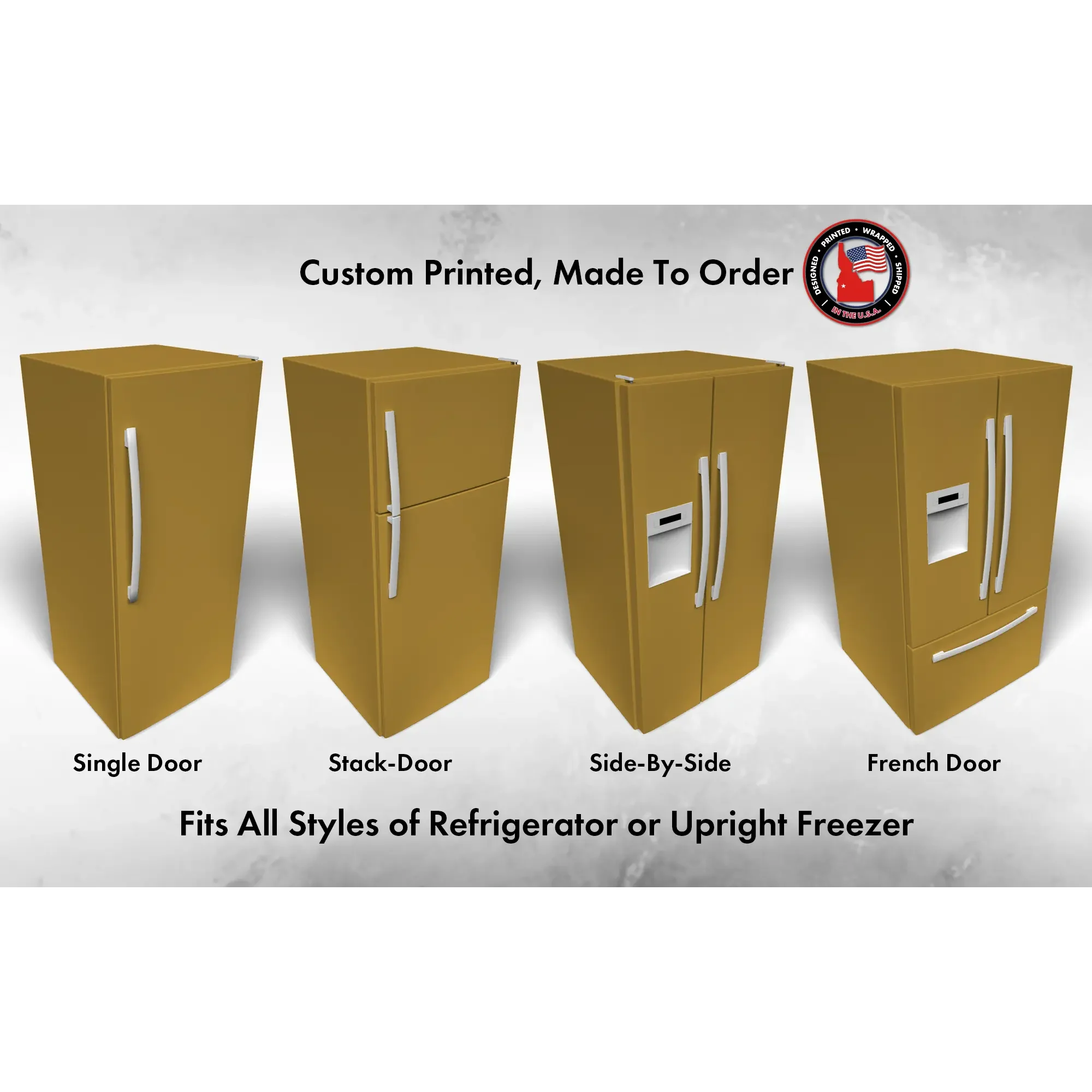 Several 3D models of different refrigerator styles shown in Crispy Gold SW 6699 custom vinyl wrap color.