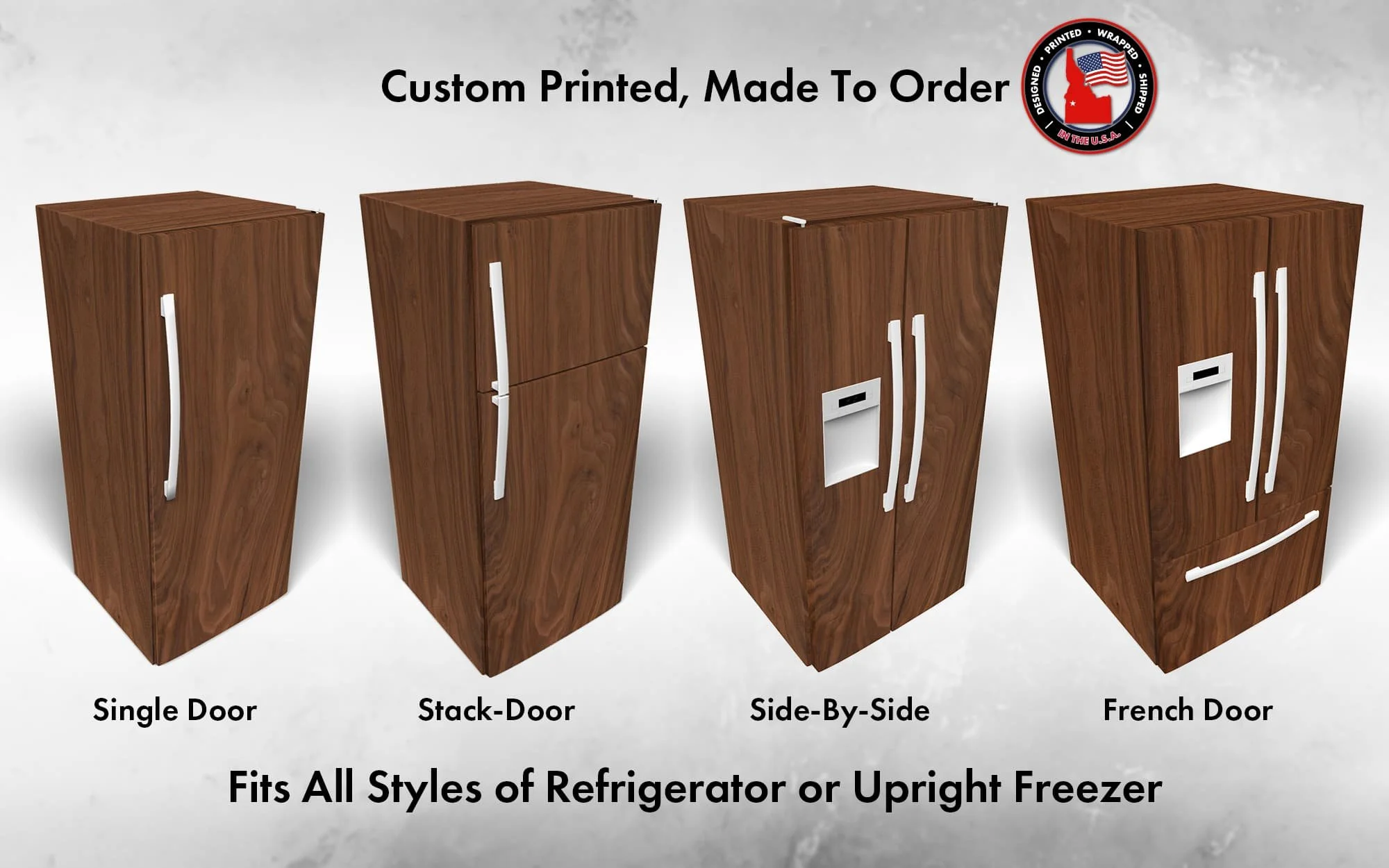 mockup of 4 different refrigerator styles all wrapped in our oil finish walnut wood slab graphic, showcasing how our wraps can fit almost any style of refrigerator.