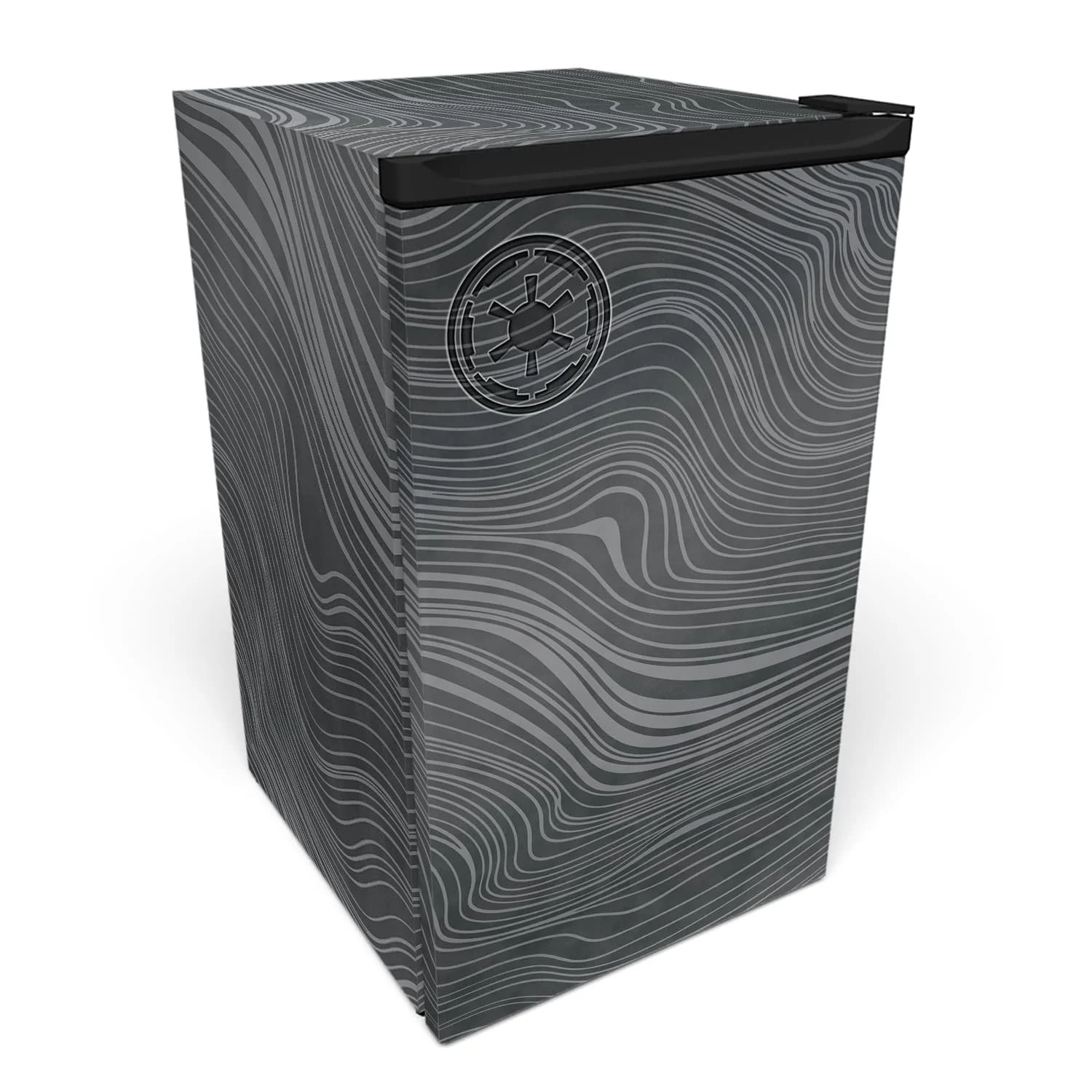 3D mockup of a mini fridge wrapped in our mandalorian beskar ingot design