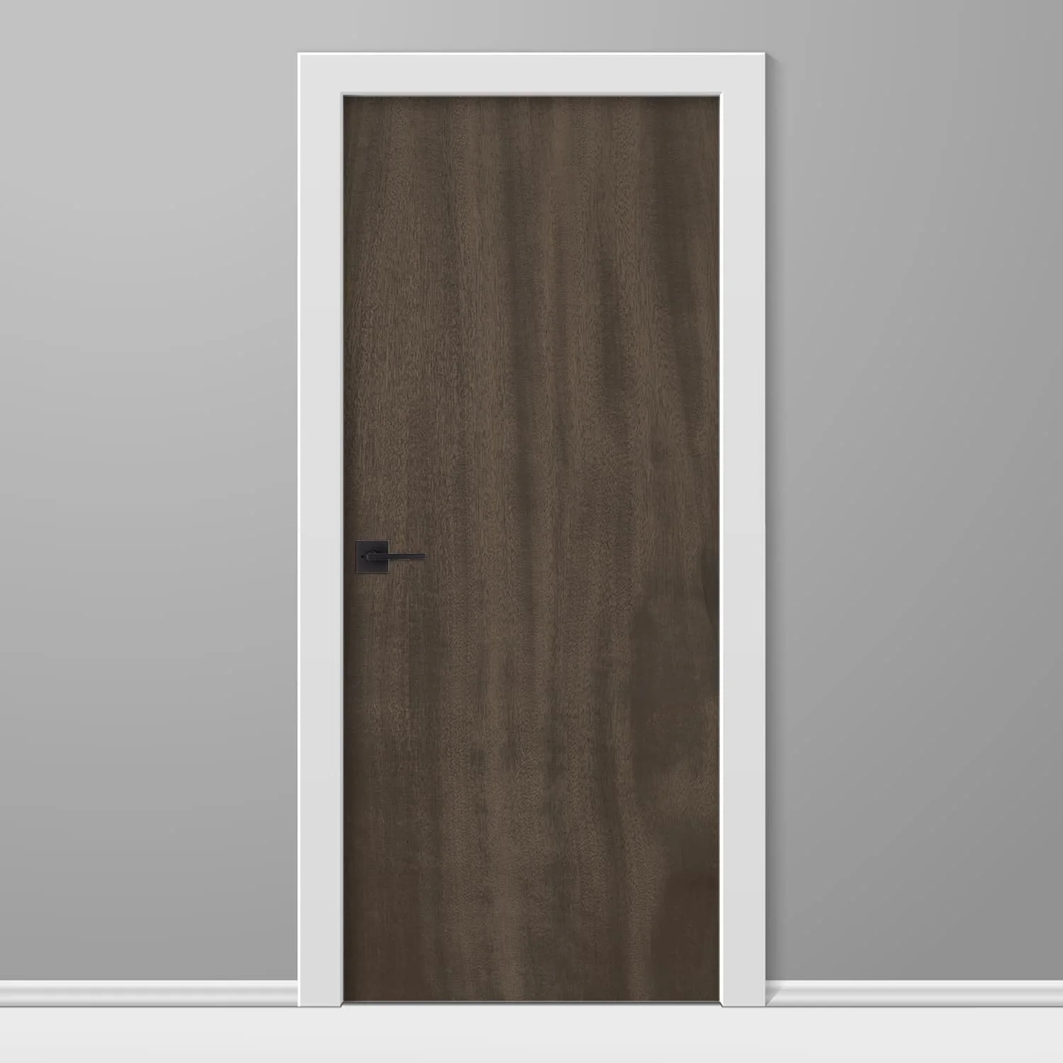 Mockup of a custom printed vinyl door wrap. The graphic is a high resolution elm wood grain slab in Driftwood Stain finish.