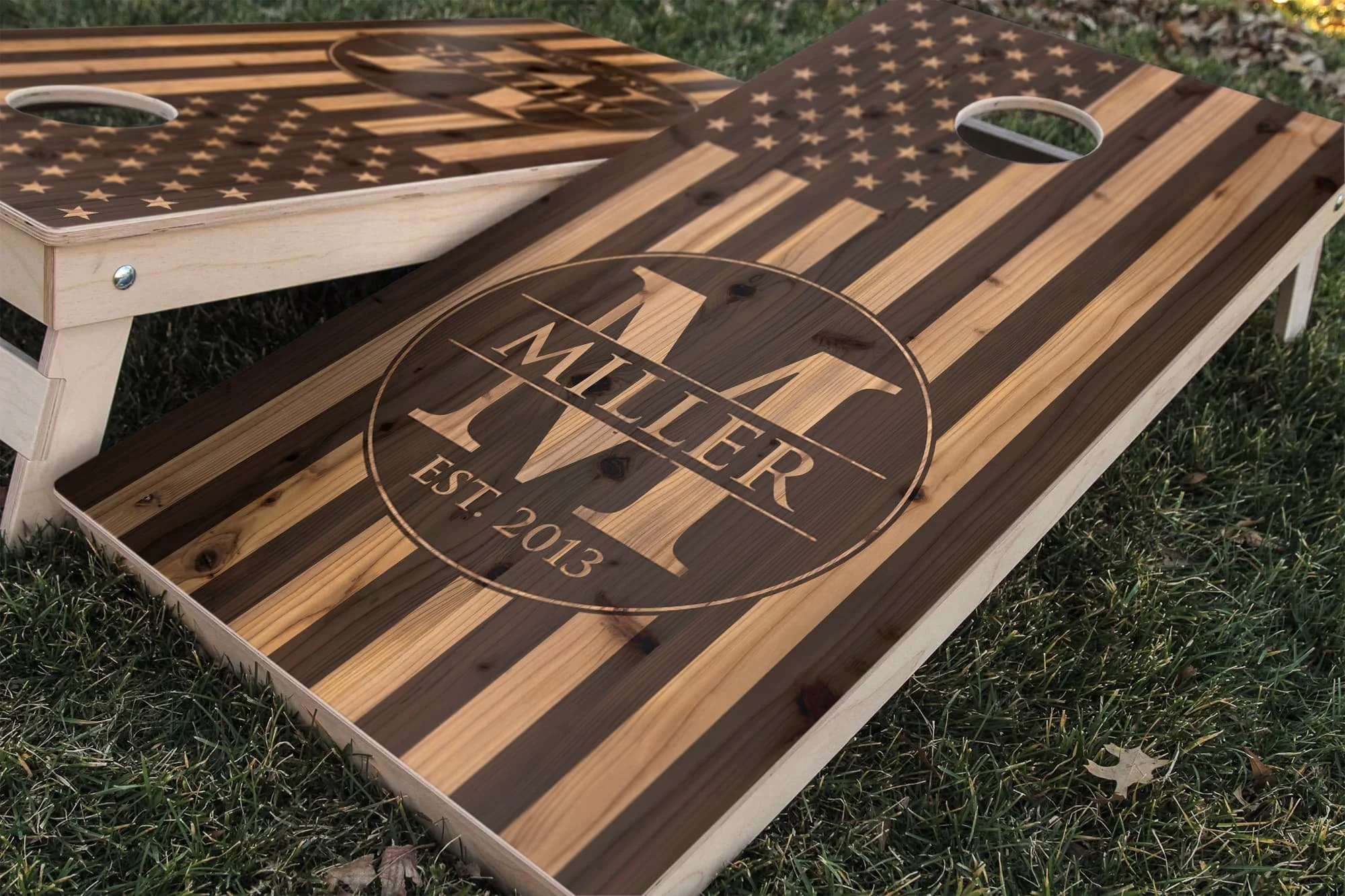 Monogram wood USA flag personalized custom Cornhole board wrap sticker decal set