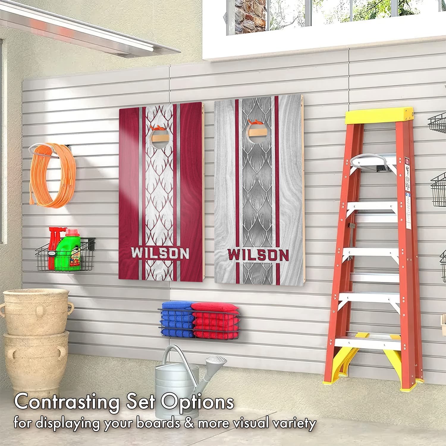 Personalized Arizona Cardinals Colors custom wood texture Cornhole boards hanging on display in a garage (Copy)